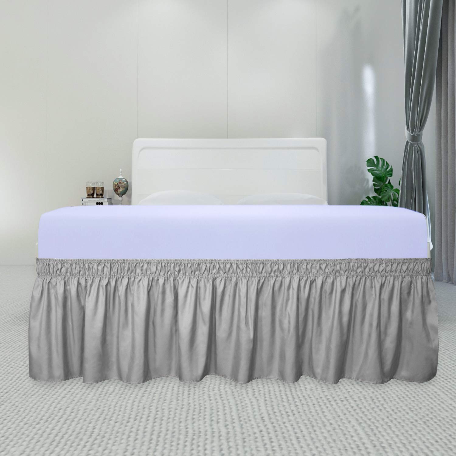 Purefit Wrap Around Ruffled Bed Skirt With Adjustable Elastic Belt - 14 Inch Drop Easy To Put On, Wrinkle Free Bedskirt Dust Ruffles, Bed Frame Cover For Twin,Twin Xl And Full Size Beds, Light Gray