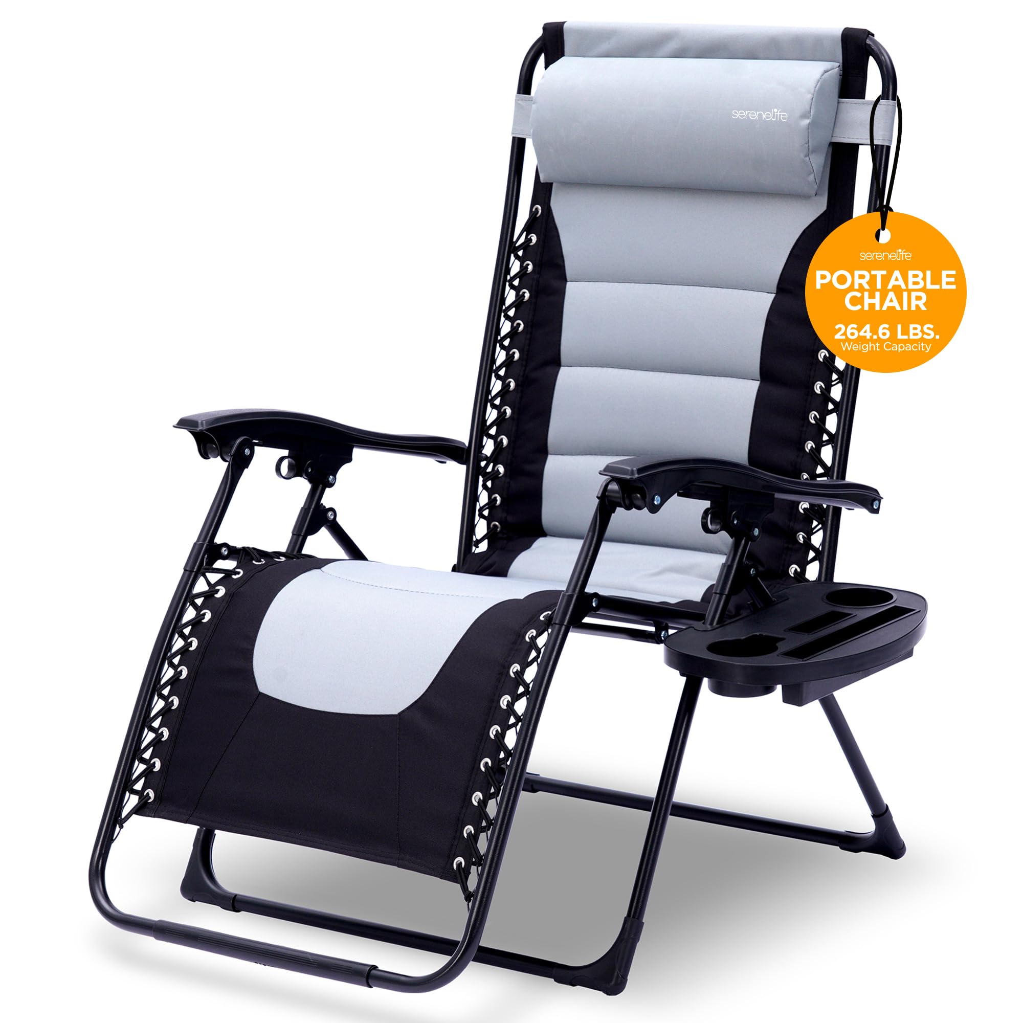 Serenelife Padded Zero Gravity Chair - Adjustable Oversized Lounge Chair With Side Tray, Cup Holder, Removable Pillow, Folding Portable Beach Chair For Outdoor Camping, Patio, Backyard, Poolside -Grey