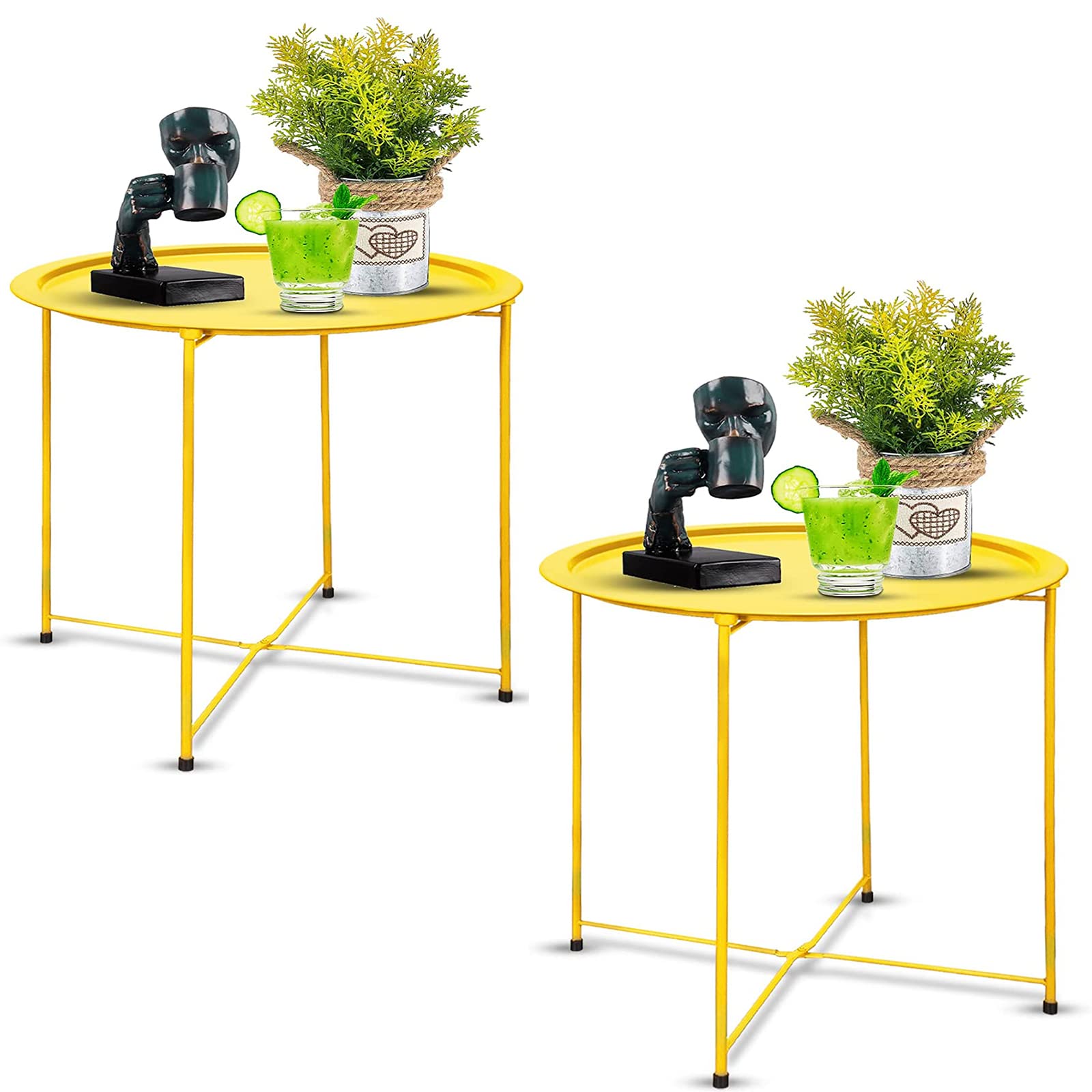 Garden 4 You End Table Set Of 2, Outdoor Side Table, Small Patio Table Metal Side Table, Round Folding Side Table, For Outdoor And Living Room,Yellow