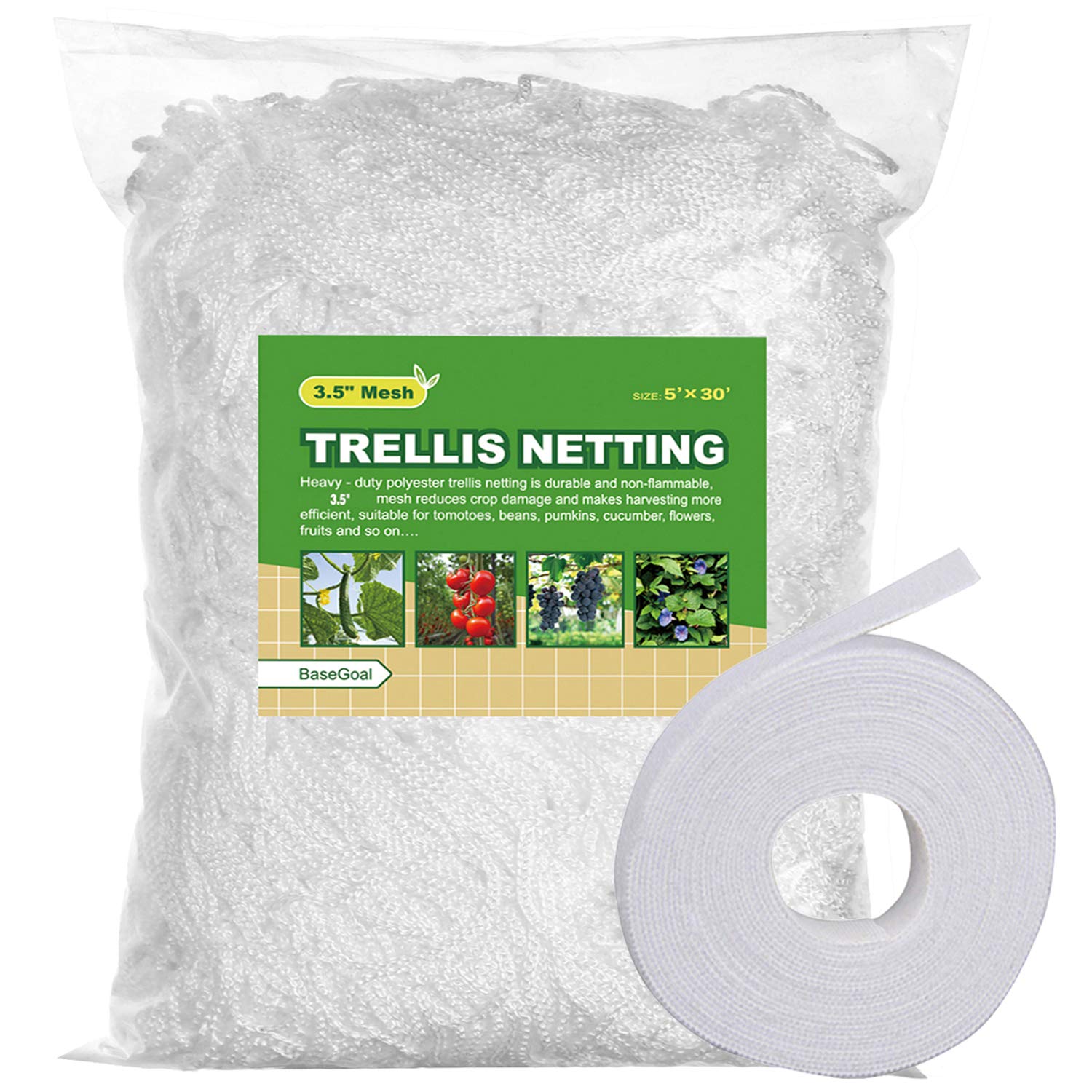 Basegoal All-Weather Trellis Netting Mesh Plant Garden Vine Growing Flexible String Net (3.5' Mesh Ployester, 5' Wx 30'L)