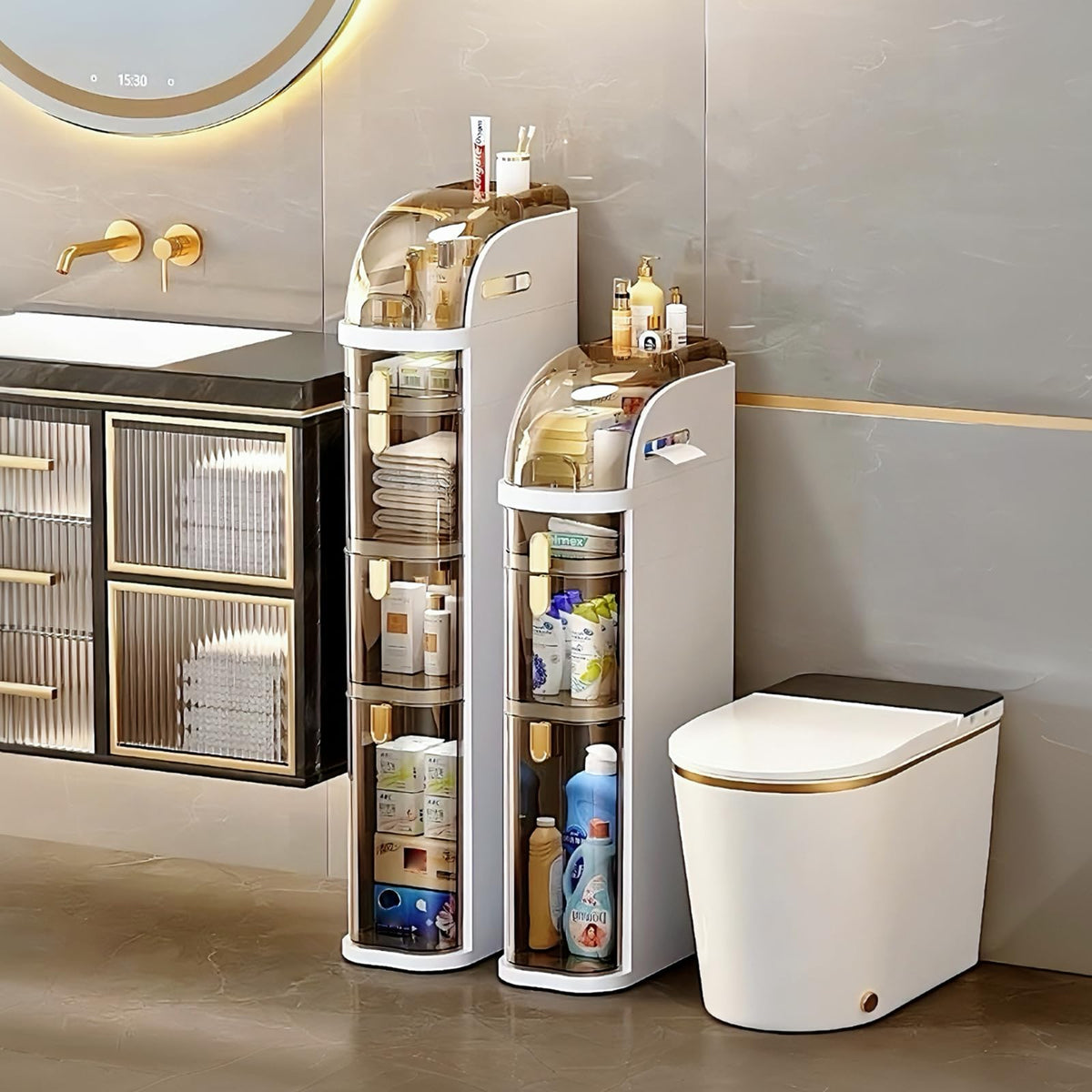 4-Tiers Narrow Bathroom Storage Cabinet 7.1'' Slim Bathroom Floor Organizer With Drawers And Tissue Box Plastic Waterproof Mobil