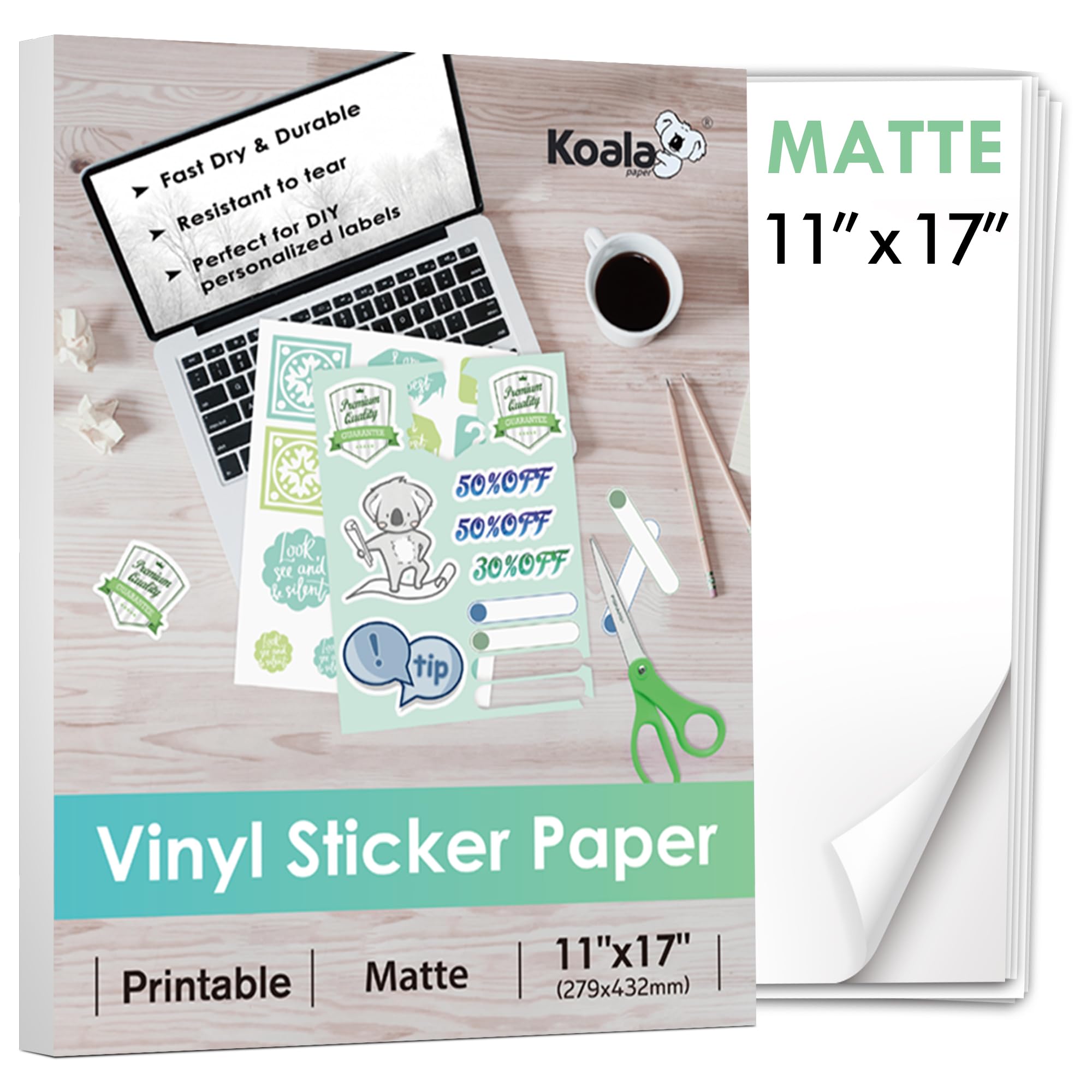 Koala Printable Vinyl Sticker Paper For Inkjet Printer 11X17 Inch - 10 Sheets Matte White Sticker Printer Paper, Waterproof Stic