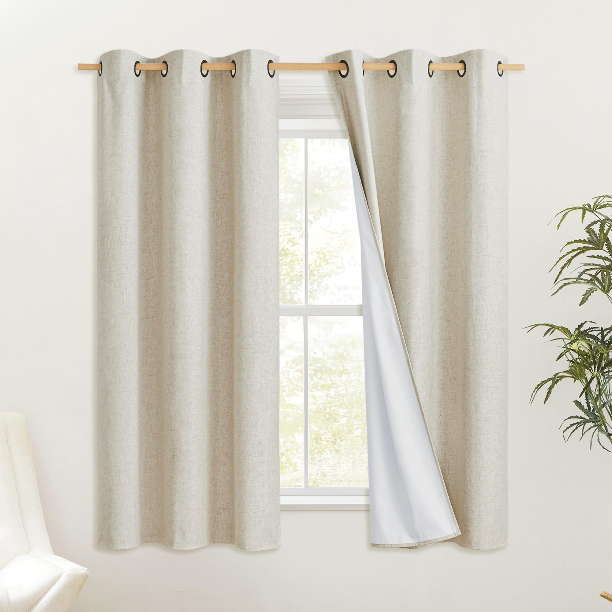 Nicetown Natural Bedroom Full Blackout Linen Curtain Panels Set Of 2, 42' By 72', Thick Insulated Classic Grommet Blackout Dra