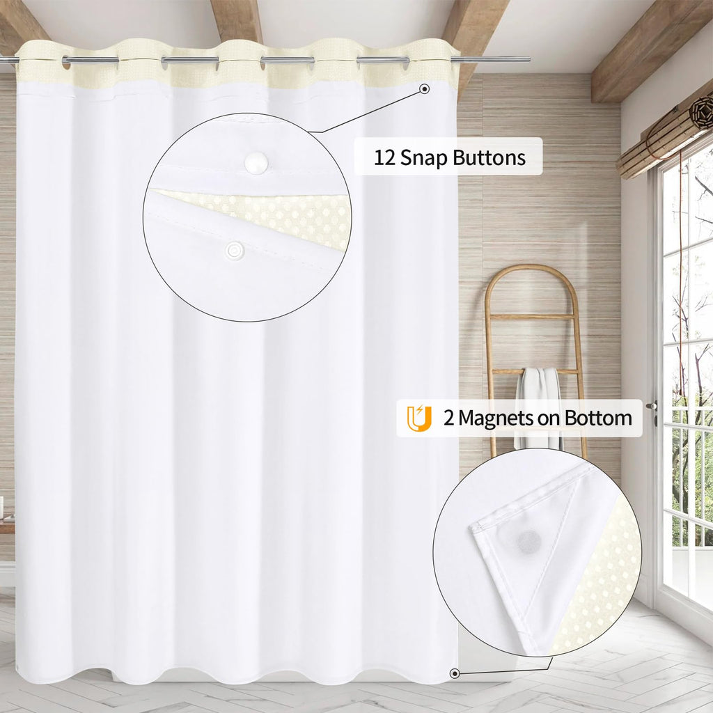 Mitovilla No Hooks Needed Extra Long Shower Curtain Set With Snap-In Liner, Ivory 86 Inch Xl Heavyweight Waffle Fabric Cloth Sho