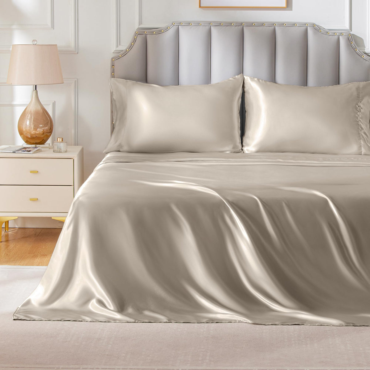 Freshculture Satin Sheets Cal King Size, Silky Soft Satin Bed Sheets, 4 Psc Champagne Satin Sheets With Deep Pocket, Similar To