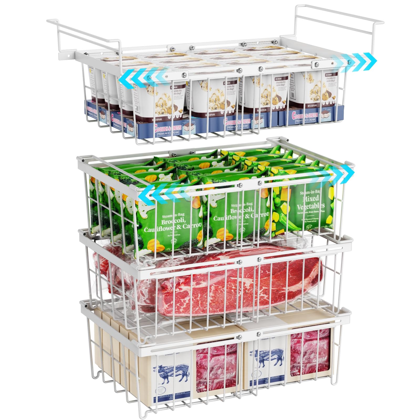 iSPECLE Deep Freezer Organizer Bins - Fit 10 to 20 Cu.FT Chest Freezer, 4 Pack Large Freezer Organizer Bins with Extendable Leng