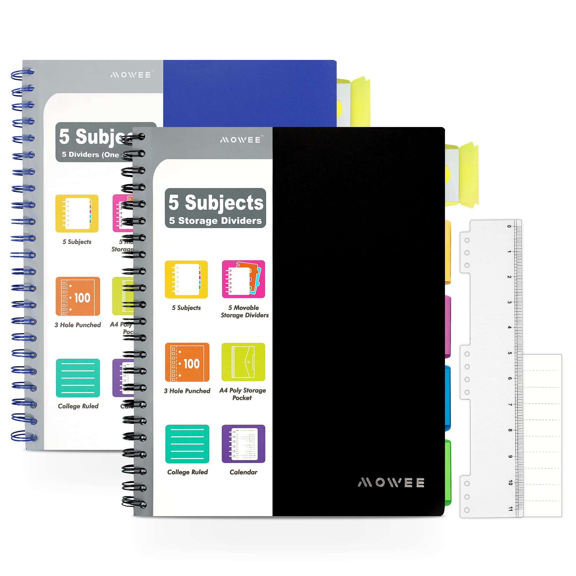 Mowee 5 Subject Notebook, 2 Pack College Ruled Notebook With Storage Divider Pockets, Index Tabs, 11' Ruler, 200 Pages, For Sch