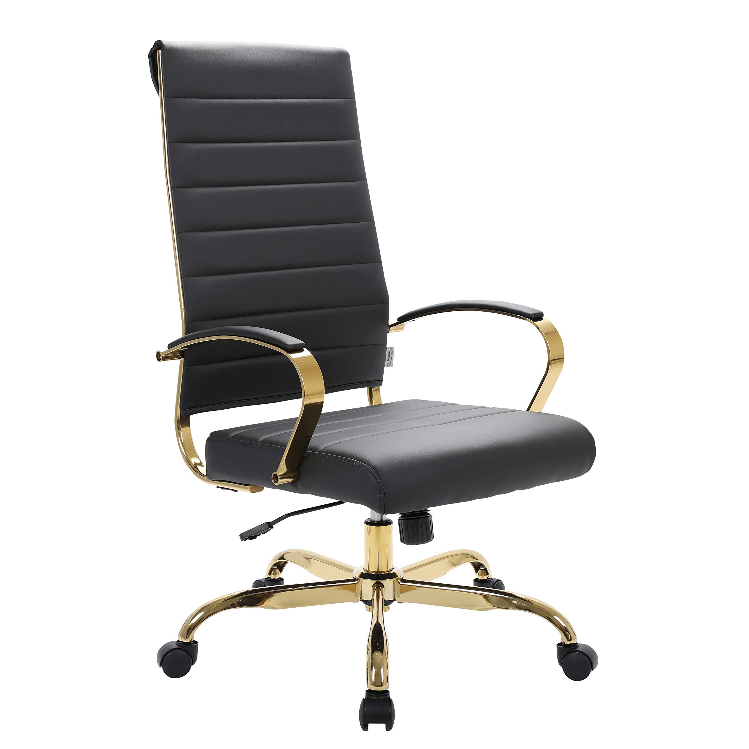 LeisureMod Benmar High-Back Black Leather Office Desk Chair Ergonomic Executive Chair with Adjustable Swivel, Gold Frame with Cu