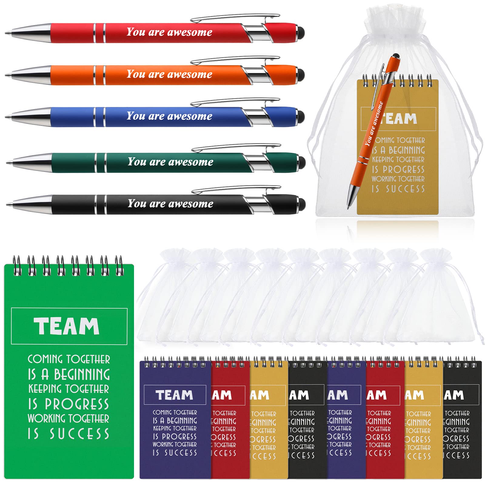 Roowest 25 Set Appreciation Gifts For Coworkers Bulk Ballpoint Pen With Metal Stylus Tip Mini Motivational Notebook Organza Bag