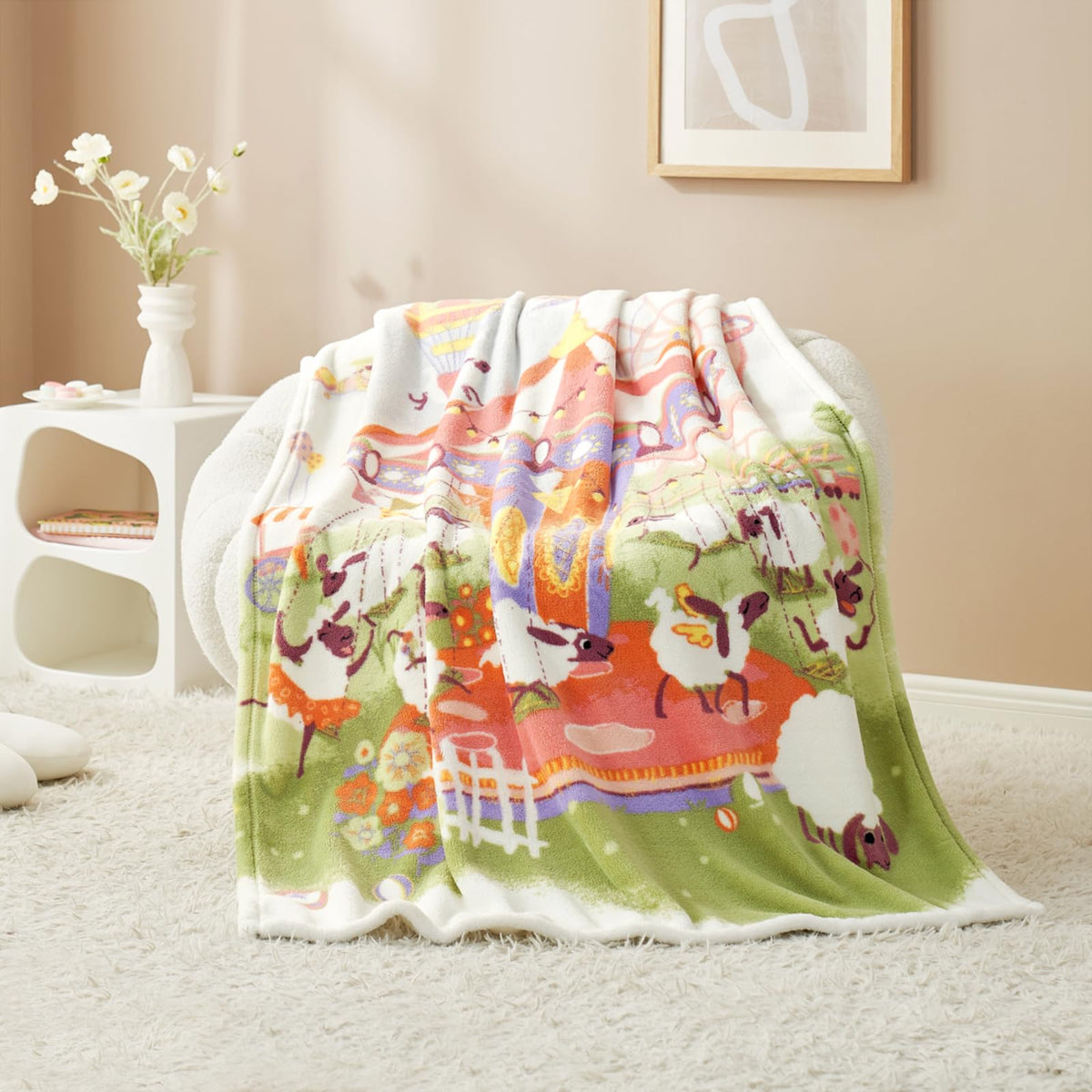 Cozy Bliss Lamb Playground Throw Blanket For Kids Age 3-12- Luxury Printed Plush, Single Layer, Offside Pure White - Birthday Gi