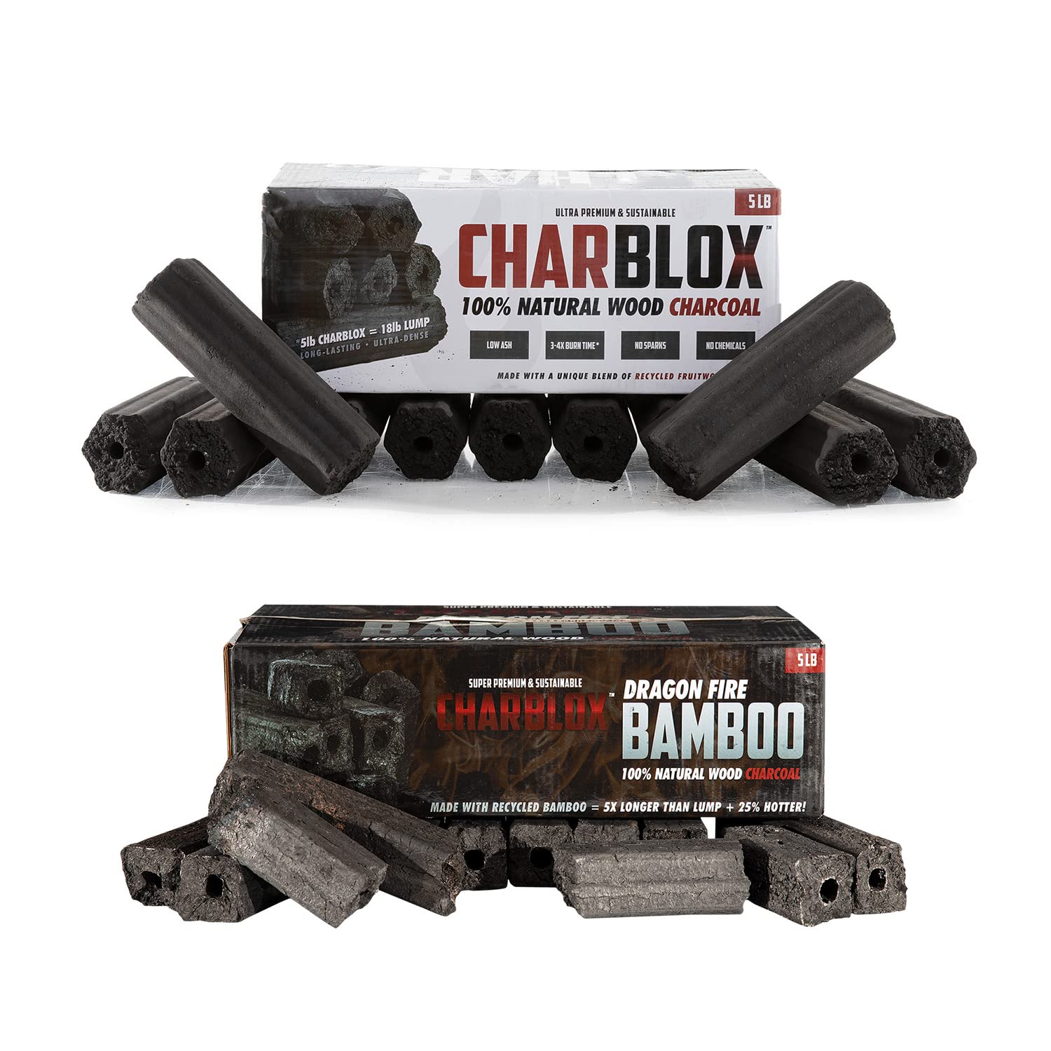 10Lb Combo Pack Charblox Classic/Dragon Fire Ogatan Bamboo Charcoal Logs - 100% Natural Recycled/Sustainable Wood For Grilling/B