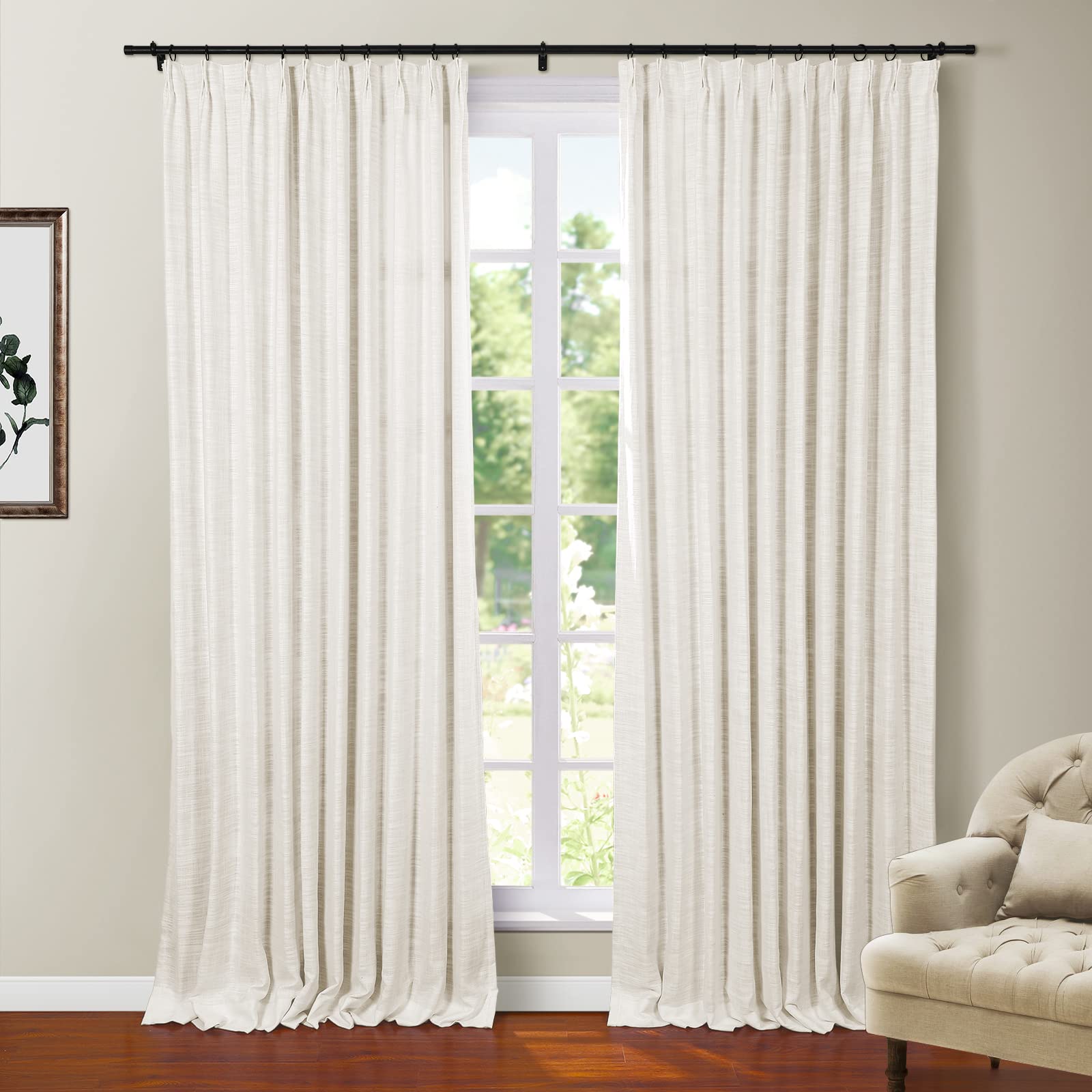 Twopages Faux Linen Off White Blackout Curtain For Bedroom Living Room Thermal Insulated Drape With Pinch Pleat And Back Tab Top