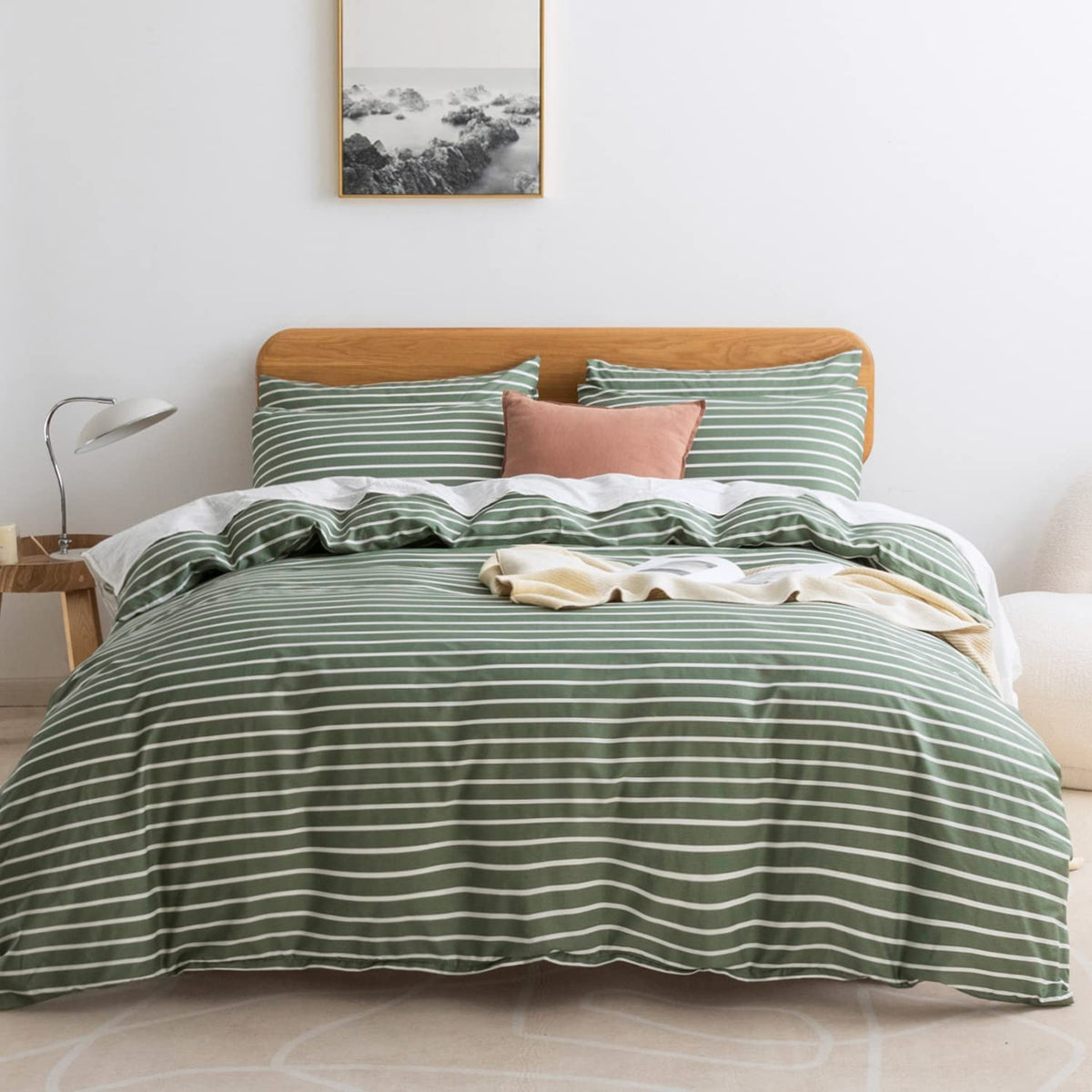 Jellymoni Full Duvet Cover Set, Cotton Duvet Cover 3 Pieces With Zipper Closure, 1 Duvet Cover And 1 Pillowcases(Green With Whit