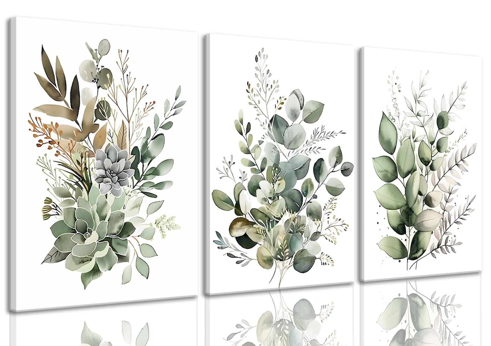 Bwodke Botanical Wall Art Plant Floral Watercolor Poster Canvas Prints Set of 3 Framed Sage Green Painting Eucalyptus Leaf Pictu