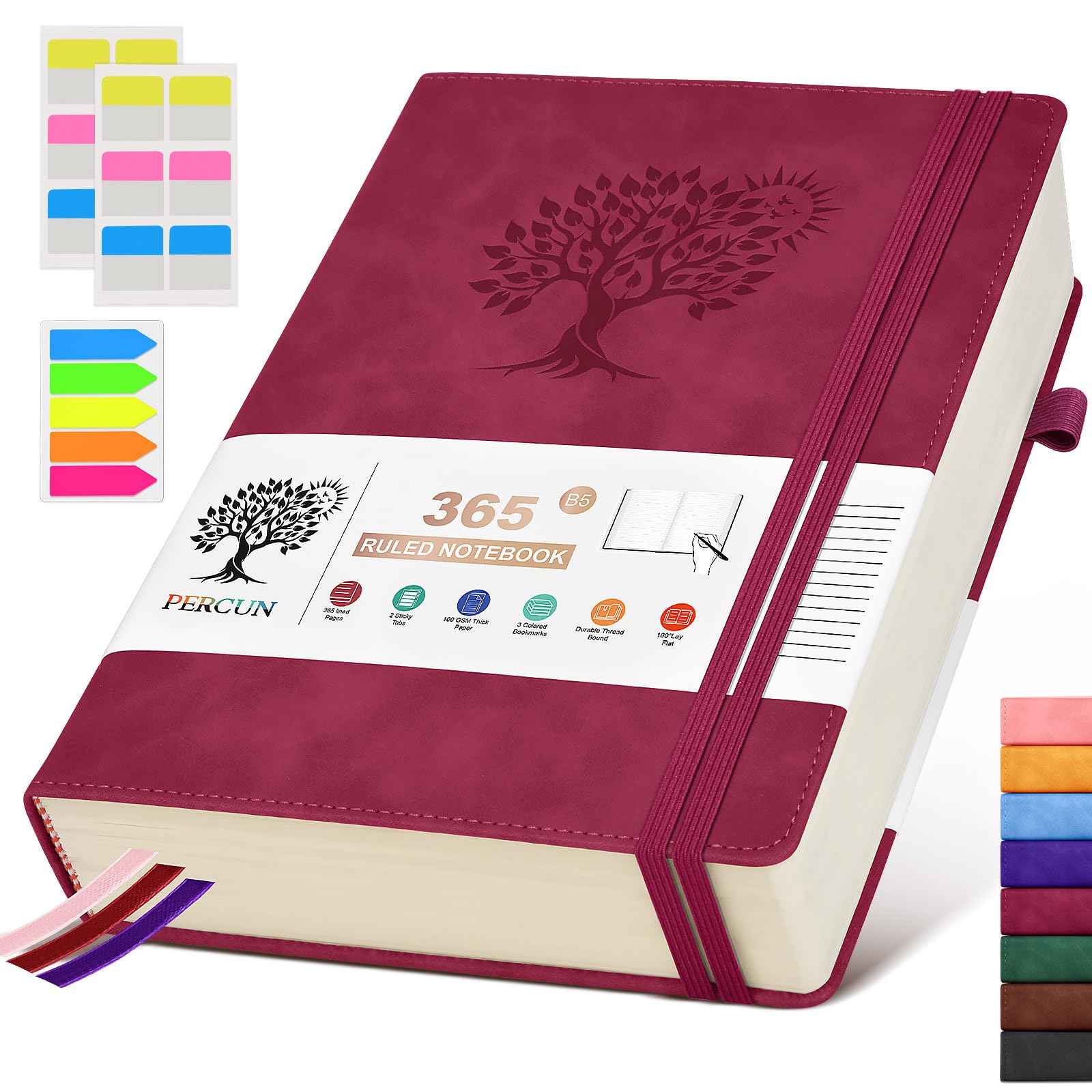 Percun B5 Lined Journal Notebook - 365 Page Large Leather Journals For Writing Women Men?Hardcover Notebook With 100Gsm Thick Pa