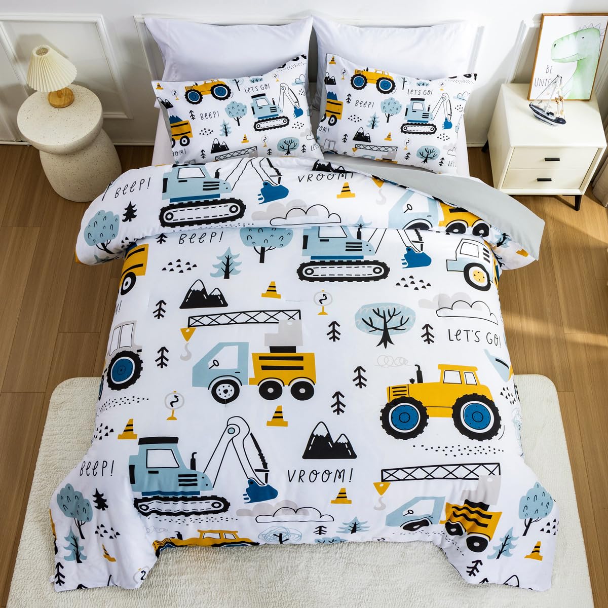 Ntbed Construction Truck Twin Comforter Set For Boys Kids Forest Vehicles Excavator Lightweight Microfiber Bedding Sets