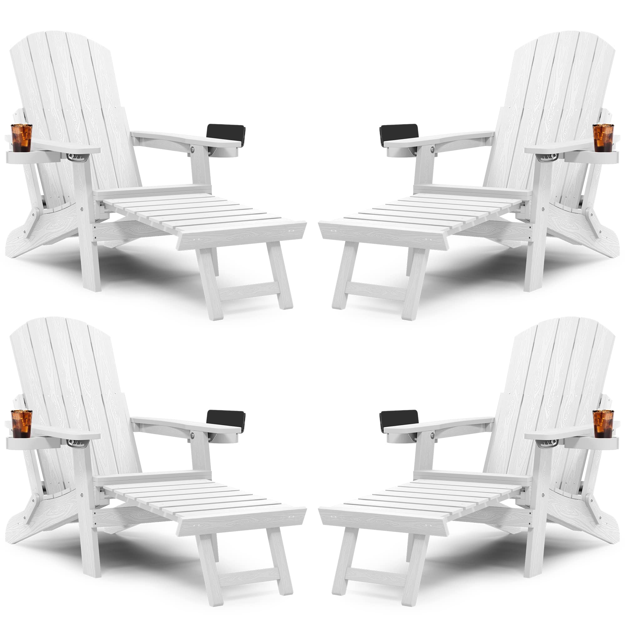 Yefu Adirondack Chair With Ottoman Set Of 4, Adjustable Backrest Adirondack Chairs, Folding Outdoor Fire Pit Chair With 2 Cup-Holders, Weather Resistant For Patio Lawn Garden Pool, 380Lbs (White)