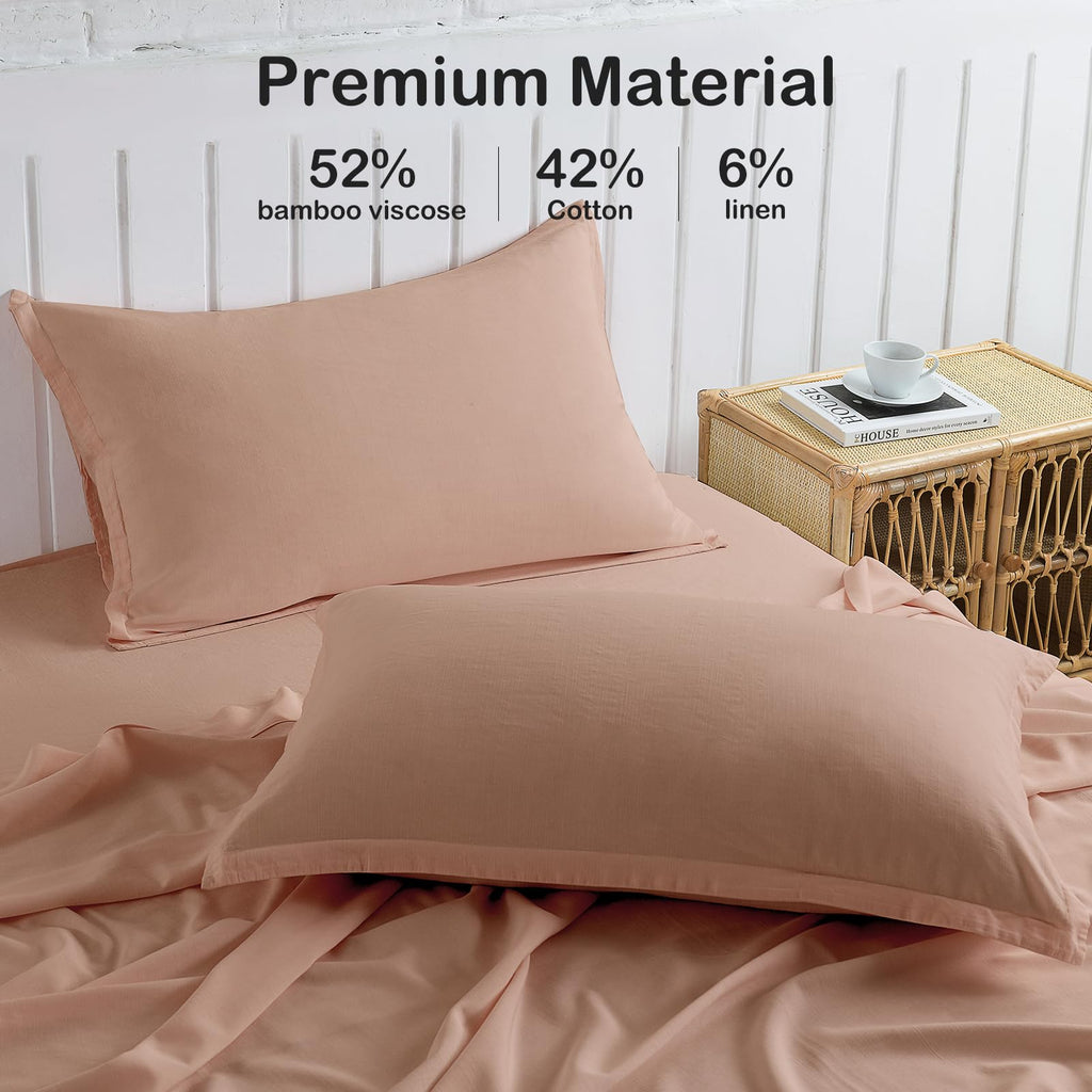 Dusty Pink Linen-Textured Bed Sheets Set, Bamboo Rayon , Cotton , Linen Blend Bed Sheets Queen Size, Soft Cool & Breathable For
