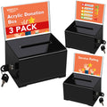 Voisen Acrylic Donation Box With Lock, 3 Pack Black Ballot Box With Sign Holder, Suggestion Box For Fundraising, Donation, Bar,