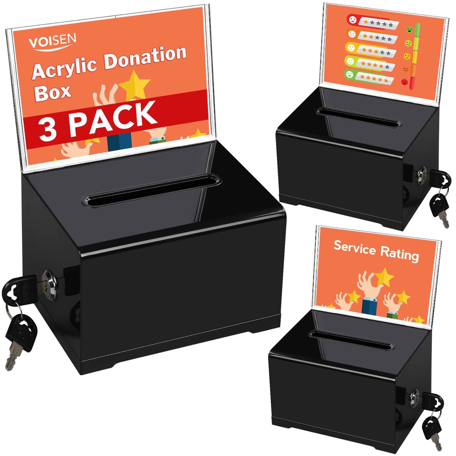 Voisen Acrylic Donation Box With Lock, 3 Pack Black Ballot Box With Sign Holder, Suggestion Box For Fundraising, Donation, Bar,