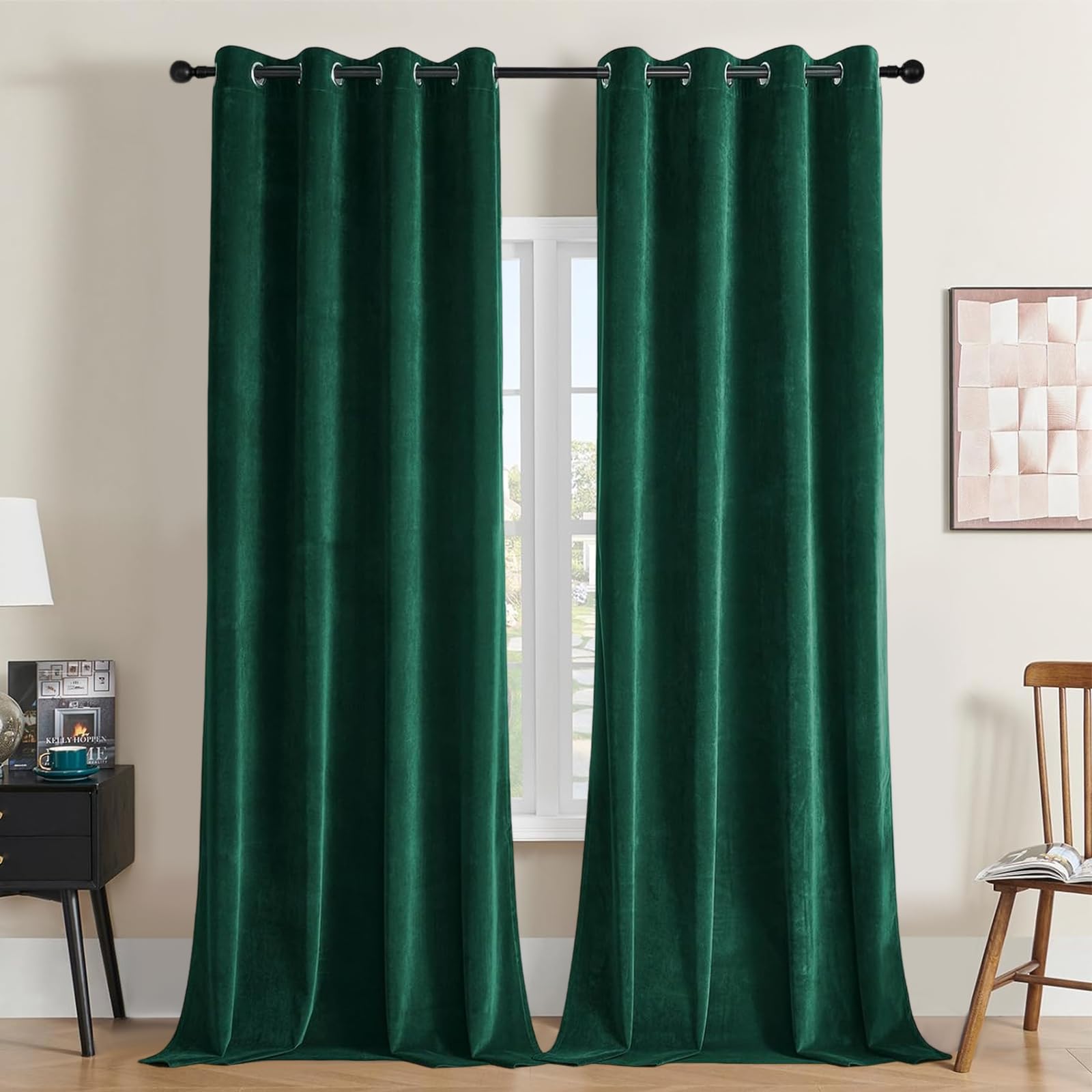 Joydeco Dark Green Velvet Curtains 90 Inches Long, Luxury Grommet Blackout Curtain 2 Panels, Thermal Insulated Privacy Room Dark