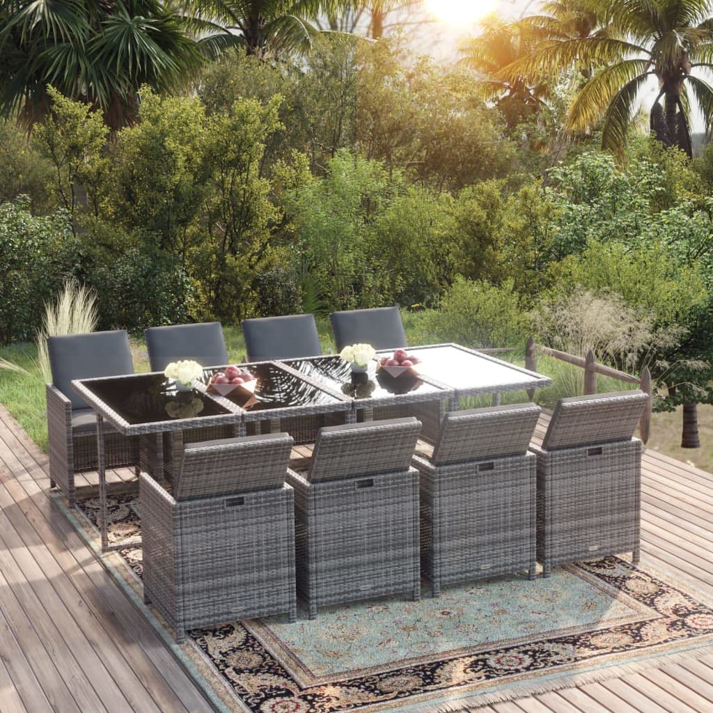 vidaXL Patio Dining Set 9 Piece with Cushions Garden Outdoor Lawn Yard Terrace Balcony Table and Chair Seat Seating Furniture Poly Rattan Gray