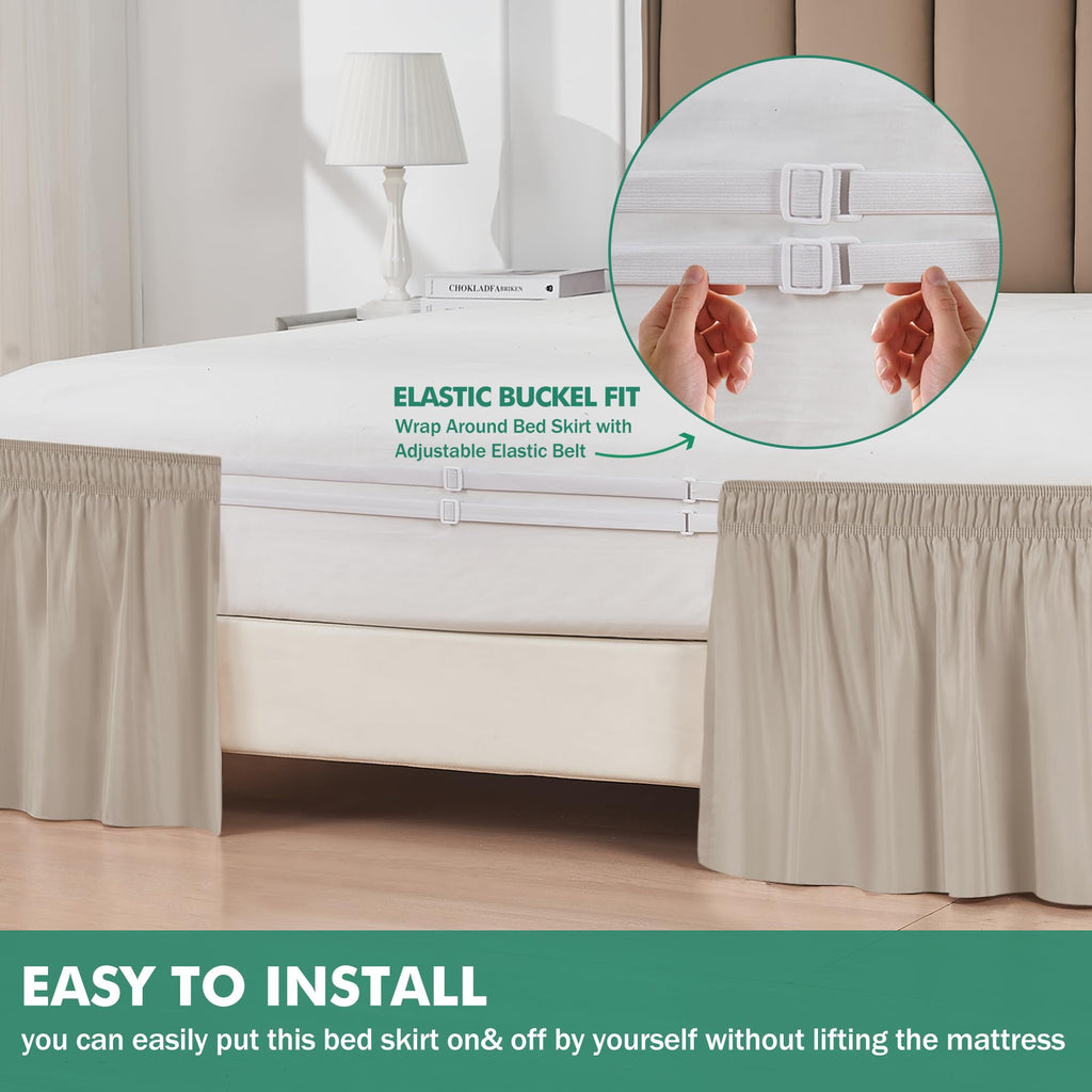 Biscaynebay Wrap Around Bed Skirts With Split Corners For Queen Beds 17' Drop, Light Camel Elastic Dust Ruffles Easy Fit Wrinkle & Fade Resistant Silky Luxurious Fabric Solid Machine Washable