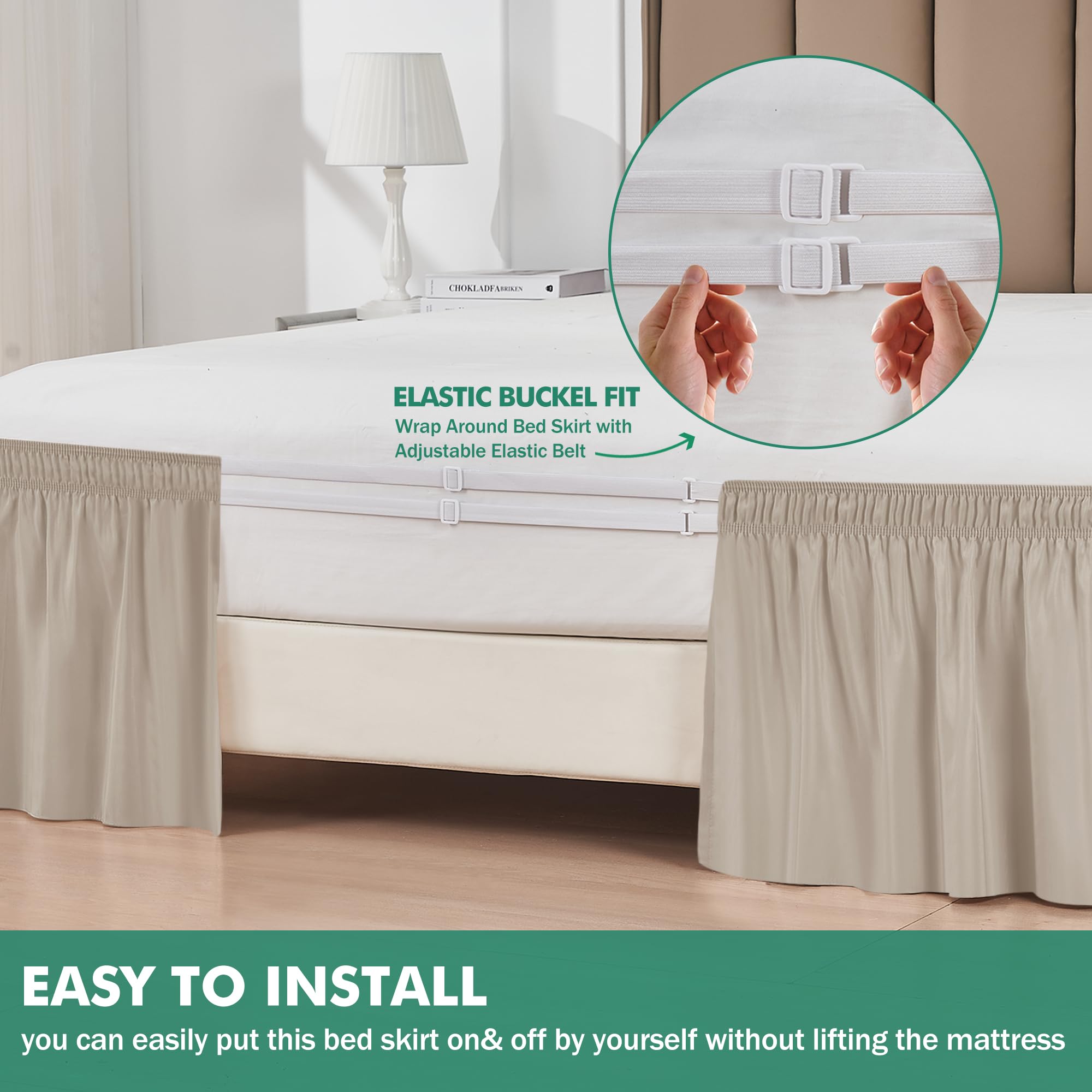 Biscaynebay Wrap Around Bed Skirts With Split Corners For Queen Beds 17' Drop, Light Camel Elastic Dust Ruffles Easy Fit Wrinkle & Fade Resistant Silky Luxurious Fabric Solid Machine Washable
