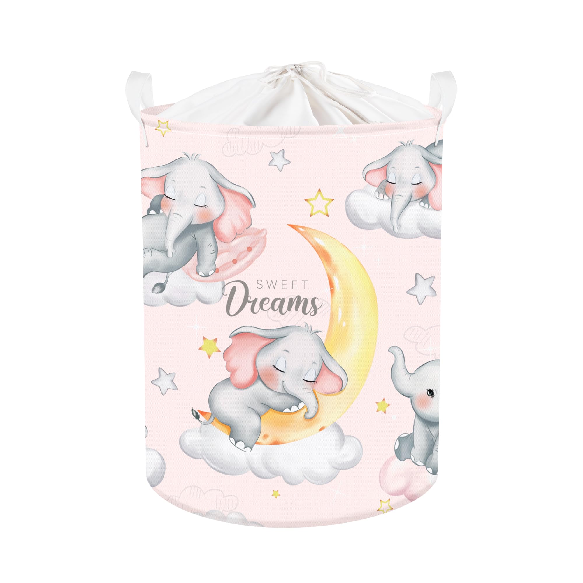 Clastyle Sleeping Elephant Kid Laundry Basket Pink Baby Girls Clothes Hamper for Nursery Collapsible Star Moon Towel Toy Storage