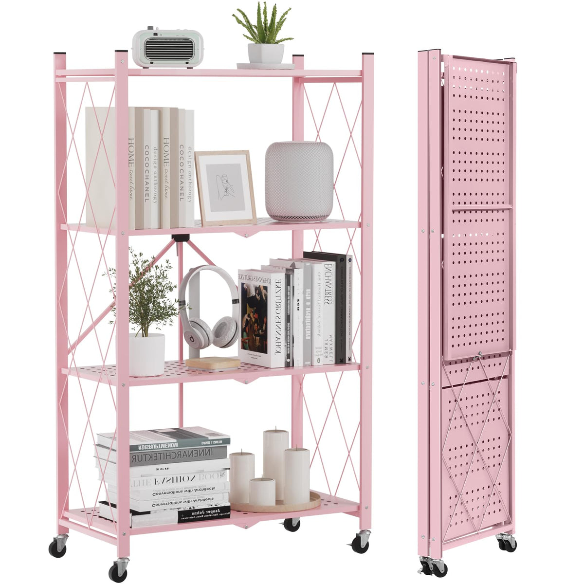 ALANNG 4 Tier Folding Shelf with Wheels, No Assembly Metal Storage Rack