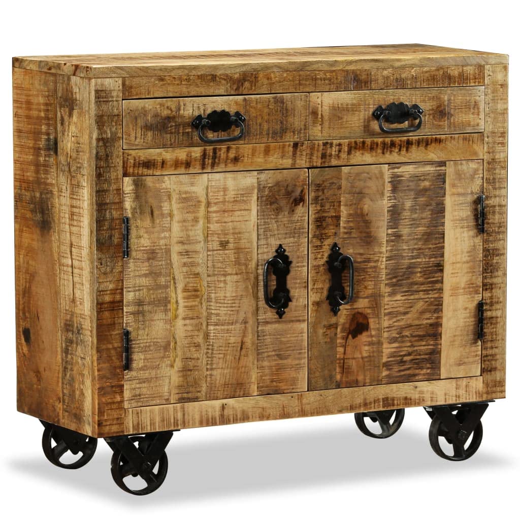 vidaXL Rough Mango Wood Sideboard with 2 Drawers, 1 Cabinet, Wheels & Braking Mechanism - Versatile Industrial Style Storage Cabinet