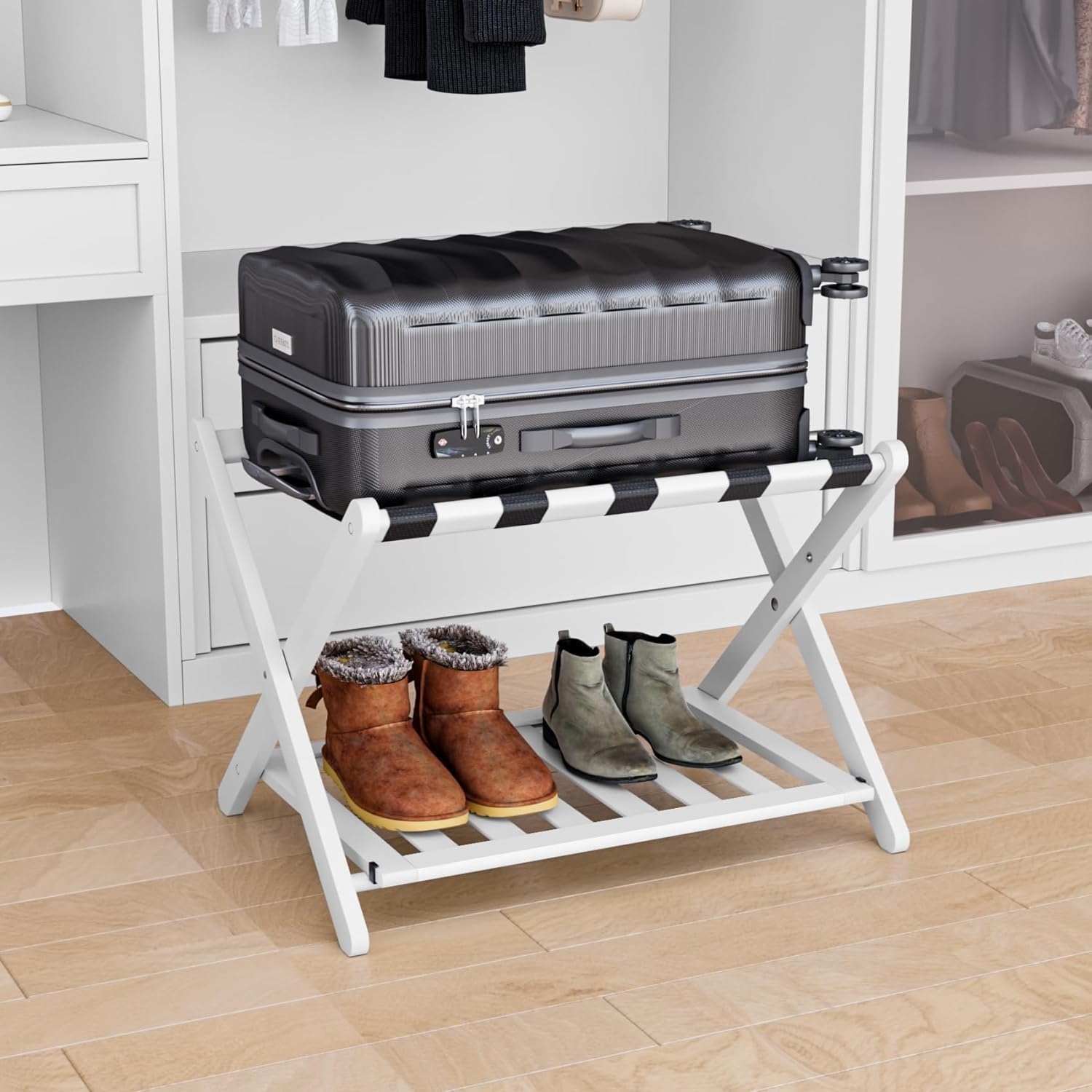 Smart FENDEE Fully Assembled White Bamboo Luggage Rack, 5 Straps Folding Suitcase Stand with Shoe Shelf, Heavy Duty Wood Large L