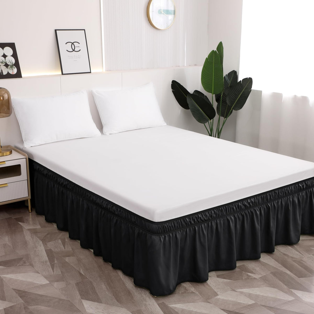 Toodou Easy to Install Wrap Around Bed Skirt Three Fabric Sides Elastic Dust Ruffled 16 Inch Tailored Drop, Fade Resistant-Black