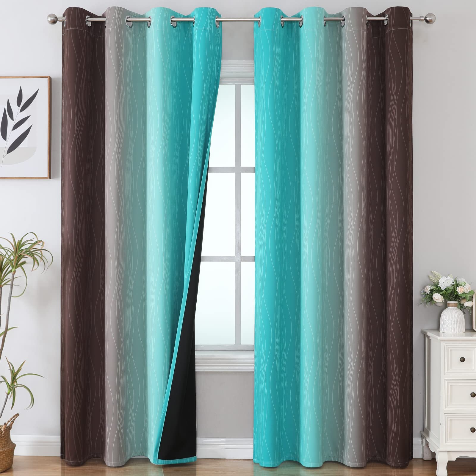 Estelar Textiler Brown And Teal Gradient Blackout Curtains For Bedroom, Ombre Thermal Insulated Noise Reducing Blackout Drapes F