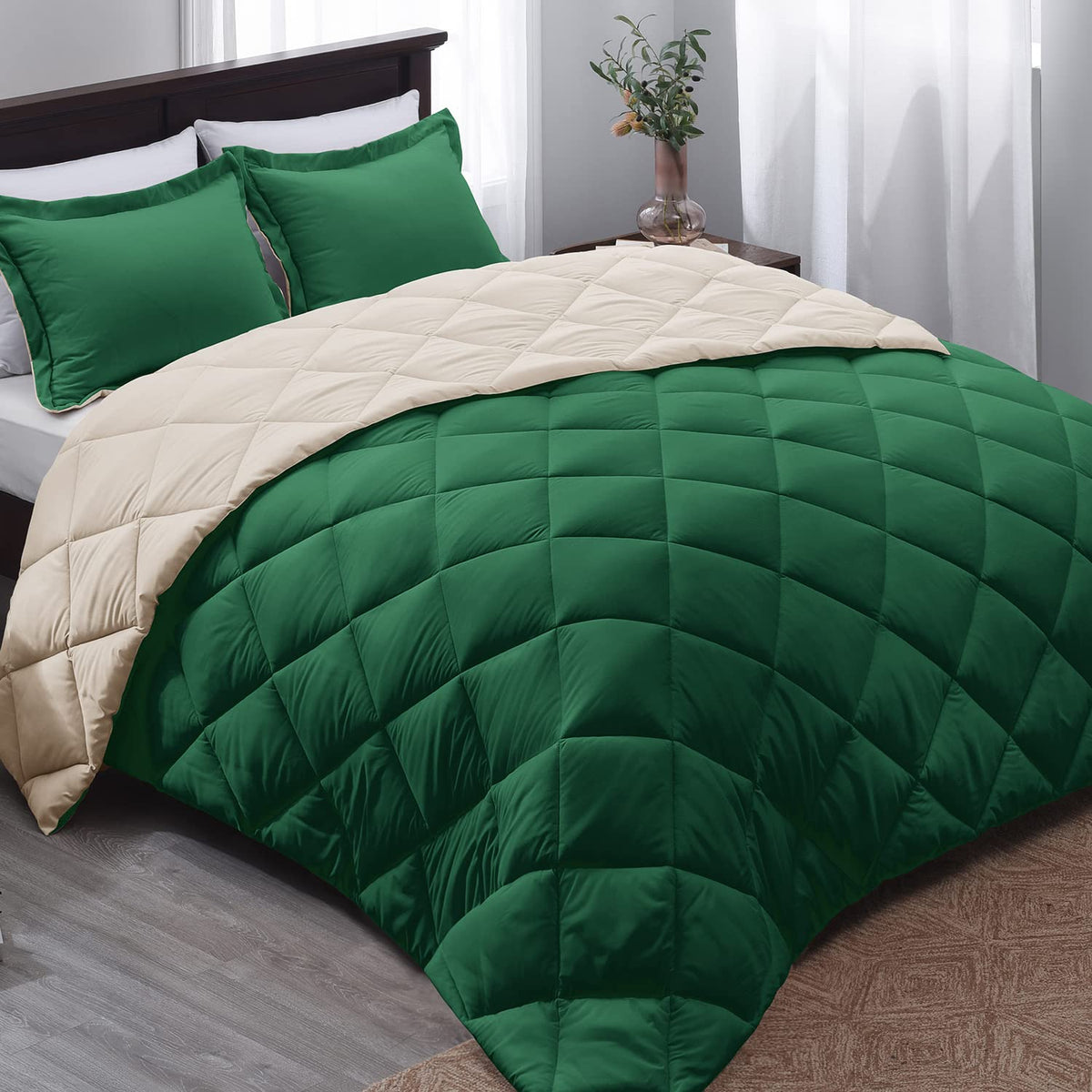 Basic Beyond Queen Comforter Set - Forest Green Comforter Set Queen, Reversible Bed Comforter Queen Set For All Seasons, Forest