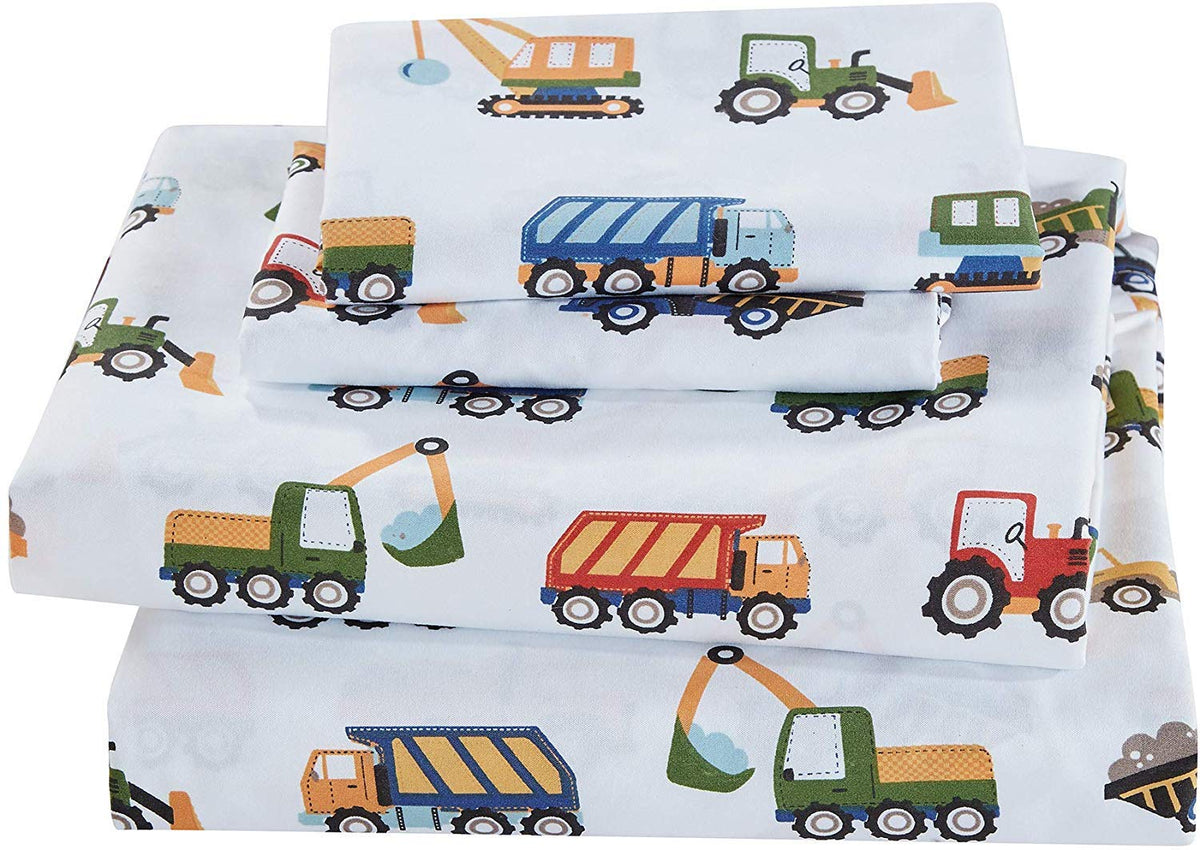 Fancy Linen Construction Excavators Dumping Trucks Tractors Light Blue Red Yellow Dark Blue Sheet Set For Boys/Teens Bedroom New