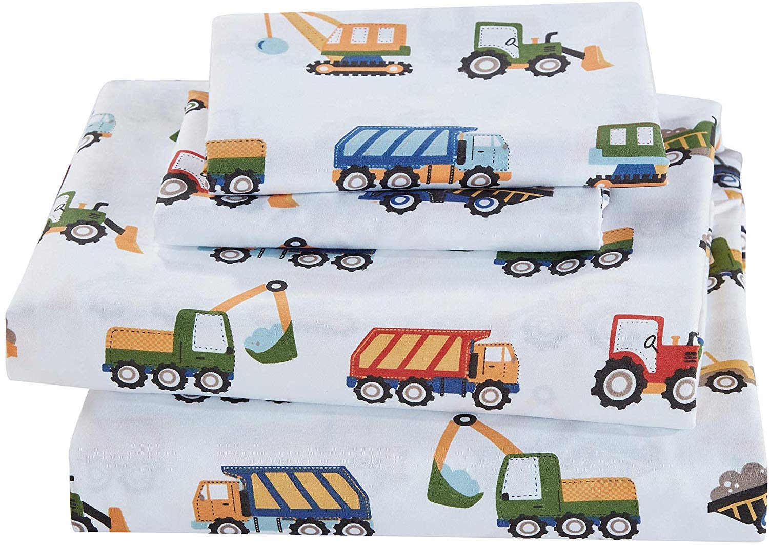 Fancy Linen Construction Excavators Dumping Trucks Tractors Light Blue Red Yellow Dark Blue Sheet Set For Boys/Teens Bedroom New
