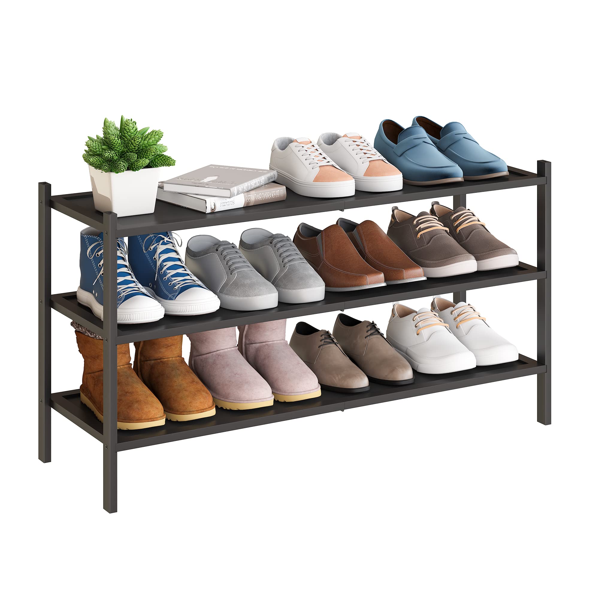 Bmosu 3-Tier Bamboo Extended Shoe Rack Premium Stackable Shoe Shelf Storage Organizer For Hallway Closet Living Room Entryway Organizer(Black)