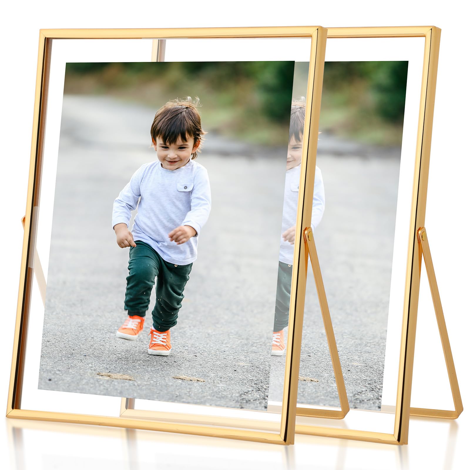 Fixwal Gold Frame Floating Picture Frame Set of 2, 8 x 10 Tempered Glass Frame, for Tabletop Display, Gold Metal Display Frame, 