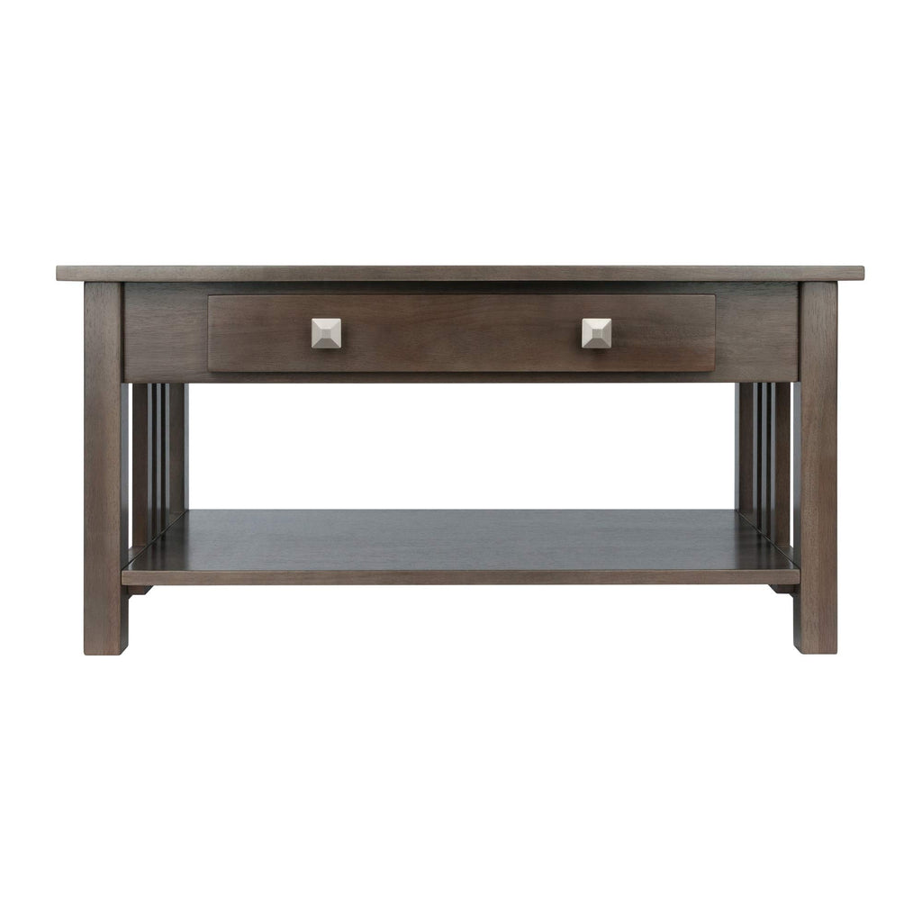 Ergode Wood Stafford Coffee Table | Oyster Gray Finish | Slatted Side Panels | Full-Size Drawer | Lower Shelf | Solid & Composite Wood (16040-VV)
