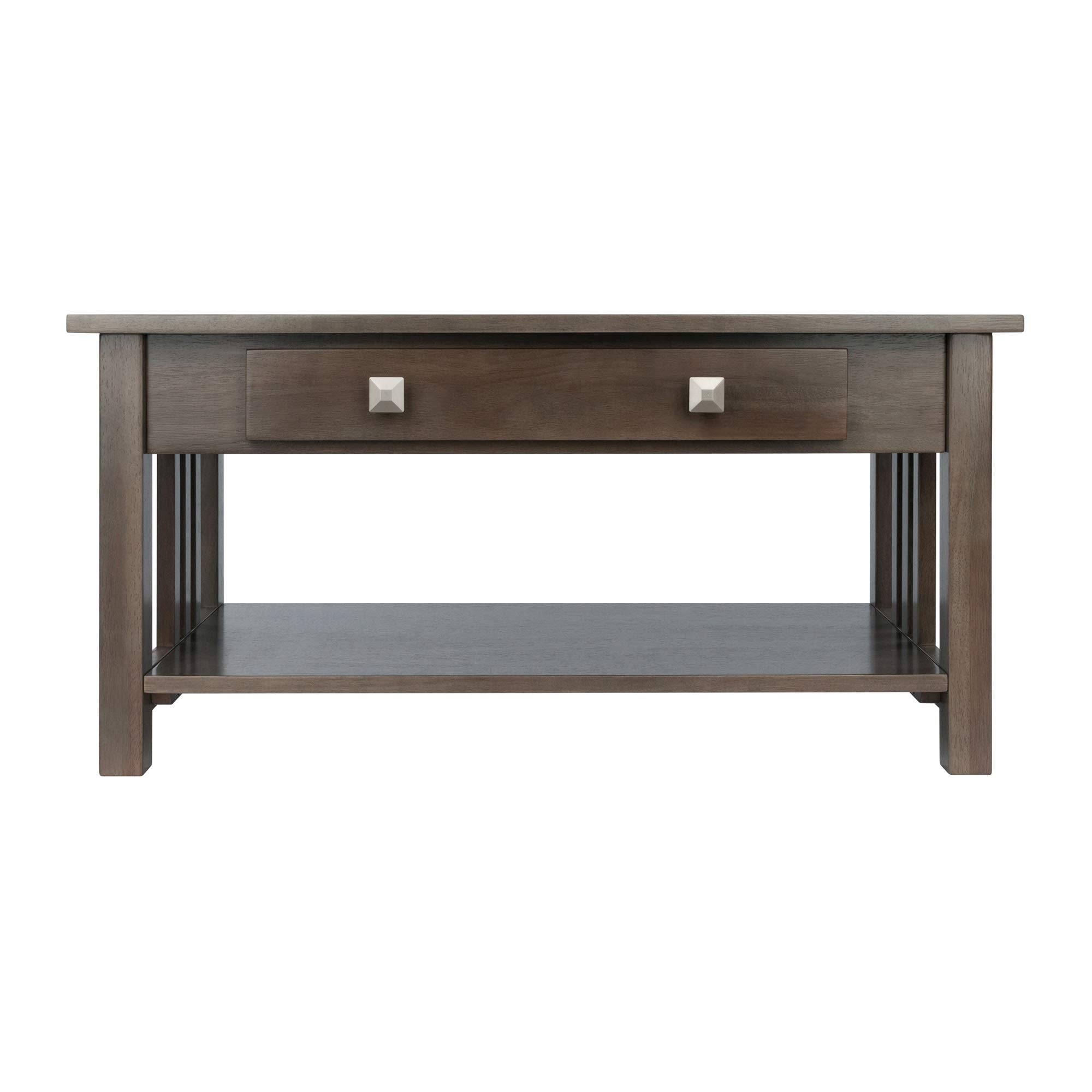 Ergode Wood Stafford Coffee Table | Oyster Gray Finish | Slatted Side Panels | Full-Size Drawer | Lower Shelf | Solid & Composite Wood (16040-VV)