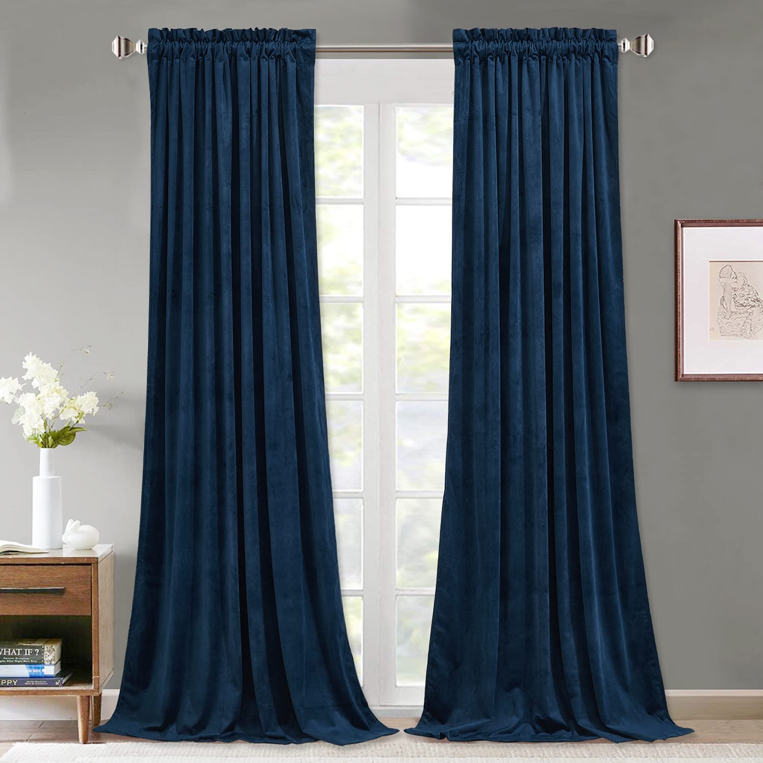 Stangh 96 Inches Velvet Curtains Navy Blue Blackout Noise Reducing Drapes For Home Theater Studio, Privacy Protect Window Treatm