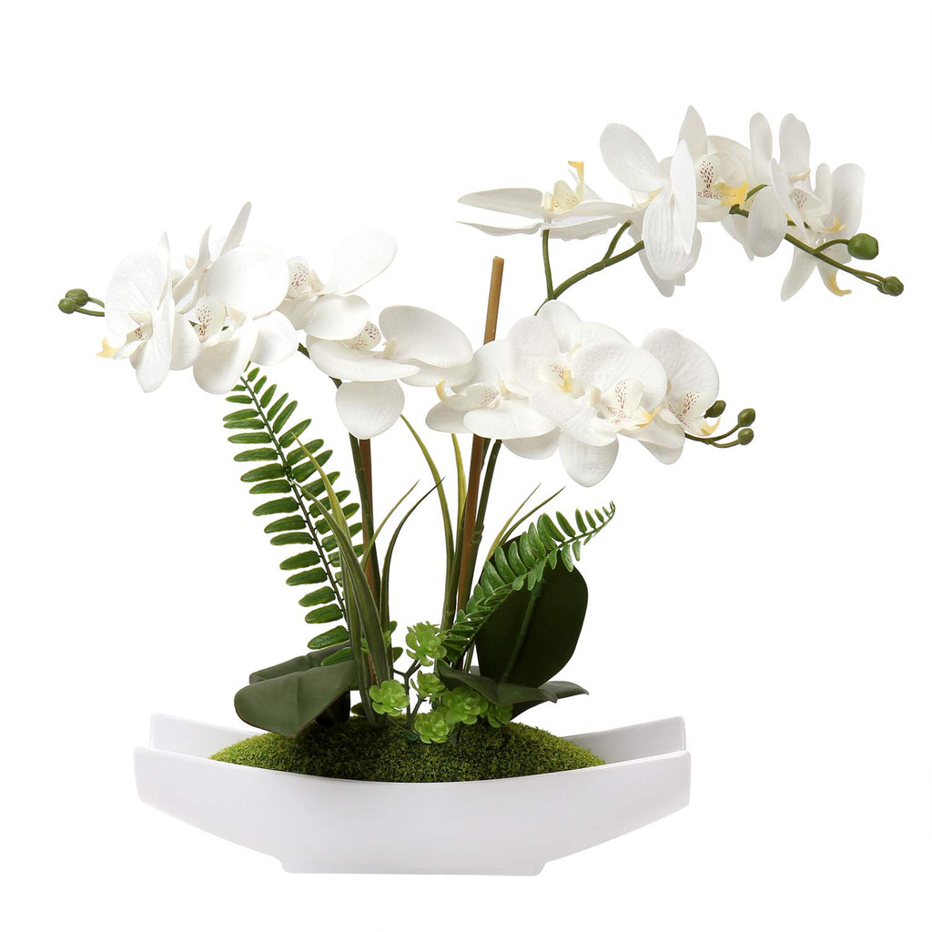 Briful Orchids Artificial Flowers 15'' Large Fake Orchid White Phalaenopsis Orchid Flower Arrangements with Vase Faux Orchid for