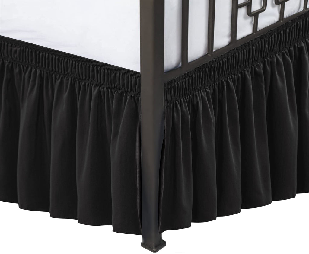 Biscaynebay Wrap Around Bed Skirts With Split Corners For Queen Beds 16' Drop, Black Elastic Dust Ruffles Easy Fit Wrinkle & Fade Resistant Silky Luxurious Fabric Solid Machine Washable