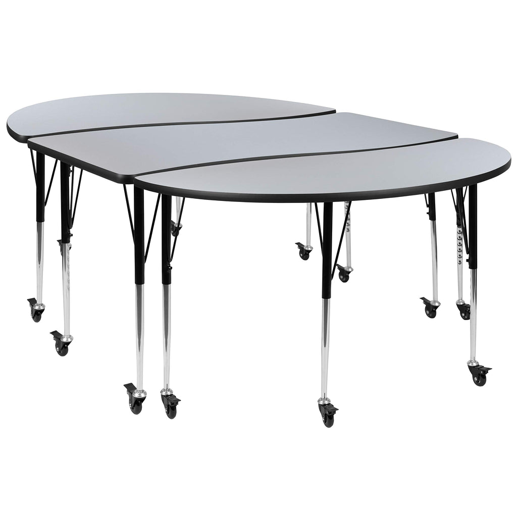 Flash Furniture Emmy 3 Piece Mobile 86" Oval Wave Flexible Grey Thermal Laminate Activity Table Set-Standard Height Adjustable Legs