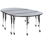 Flash Furniture Emmy 3 Piece Mobile 86" Oval Wave Flexible Grey Thermal Laminate Activity Table Set-Standard Height Adjustable Legs