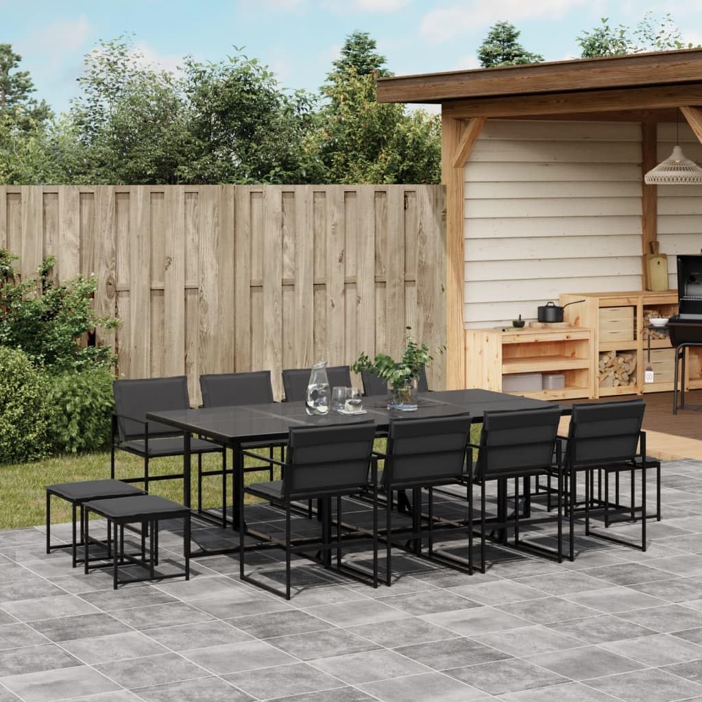vidaXL Patio Dining Set 13 Piece Black Textilene Cushioned Garden Furniture - Durable UV Resistant Tempered Glass Table & Folding Chairs with Removable Covers