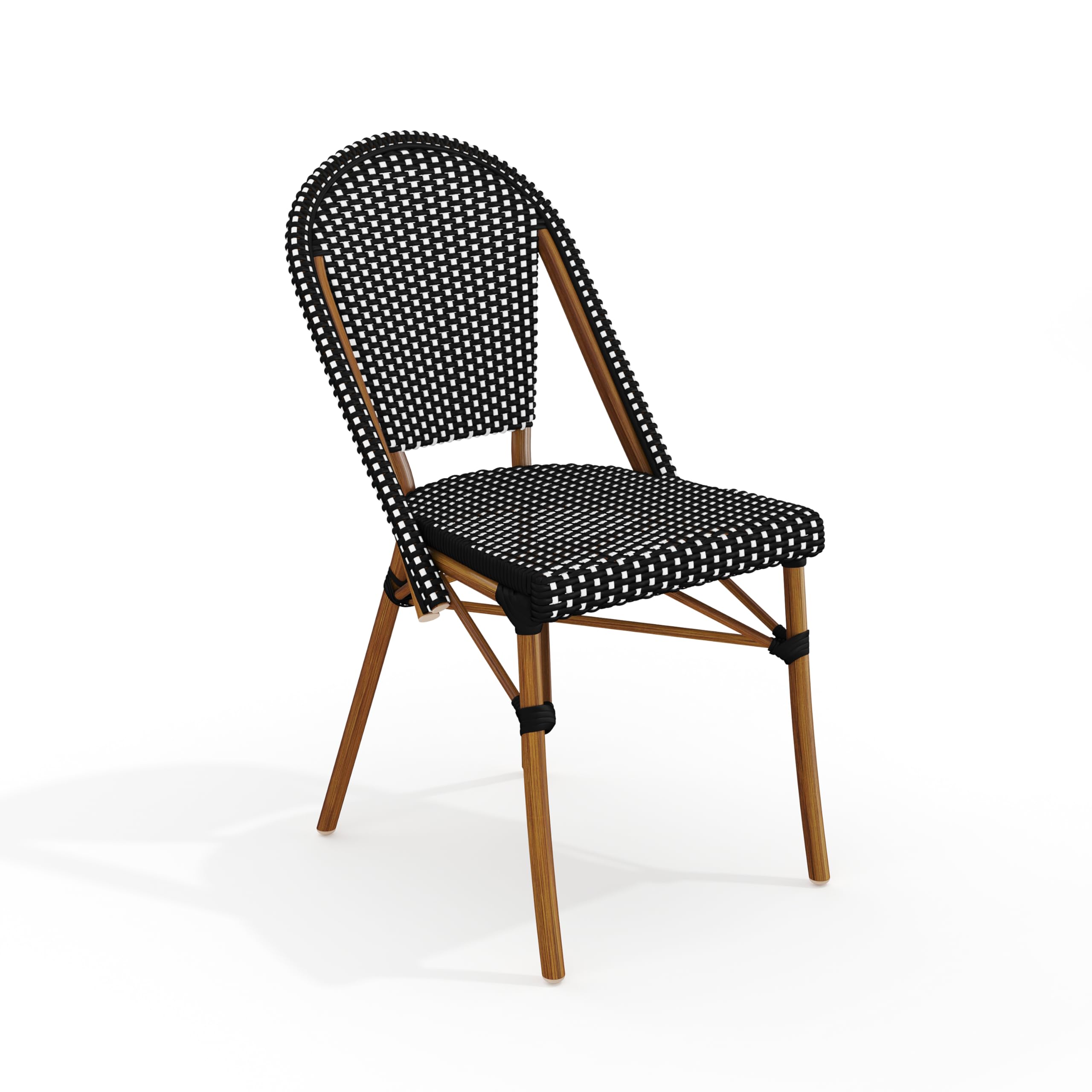 Martha Stewart Lily Pond Indoor-Outdoor Stackable Aluminum Bistro Chair with Natural Woodgrain Frame Finish and Black/White Wove