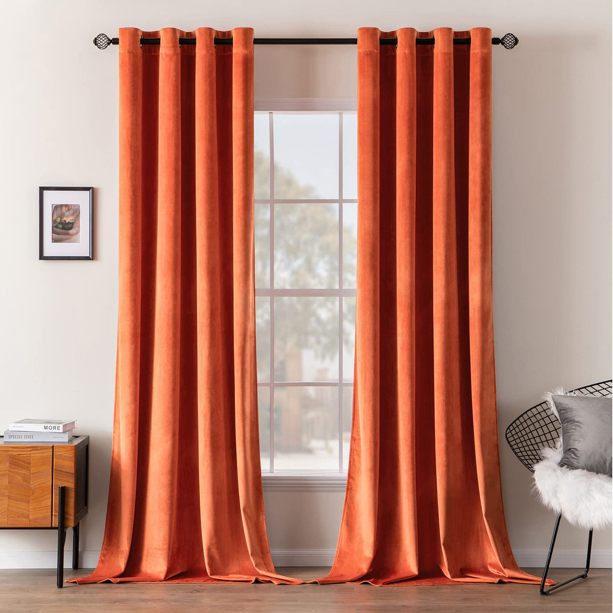 Miulee 90 Inches Velvet Curtains Burnt Orange Elegant Grommet Curtains Fall Thermal Insulated Soundproof Room Darkening Curtains