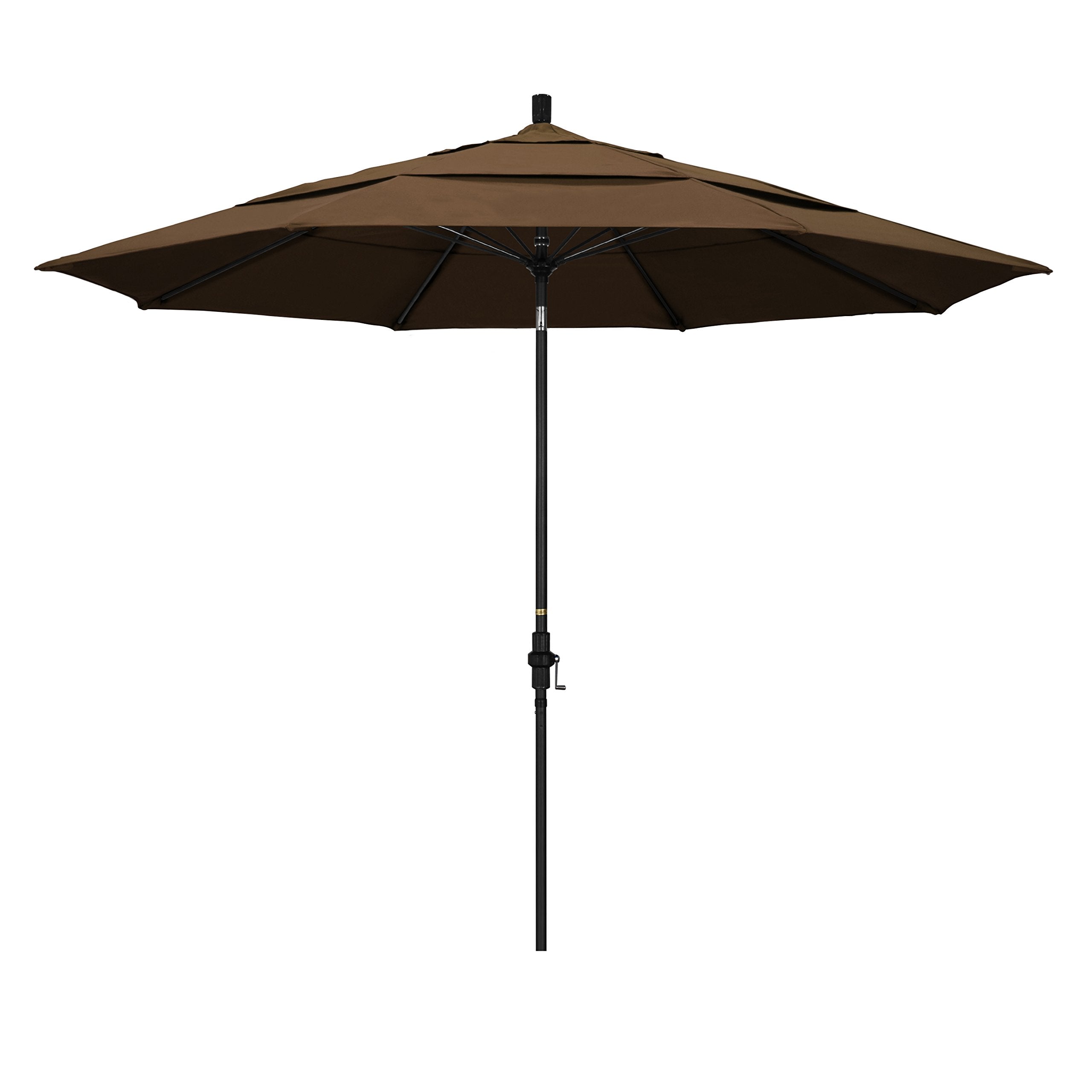 California Umbrella 11' Round Aluminum Pole Fiberglass Rib Patio Umbrella, Crank Lift, Collar Tilt, Black Pole, Sunbrella Cocoa